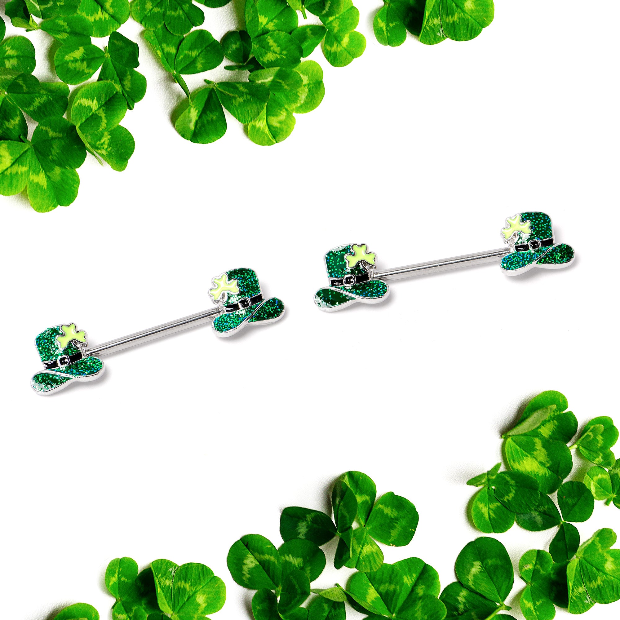 14 Gauge 9/16 Glitter Top Hat Shamrock Barbell Nipple Ring Set