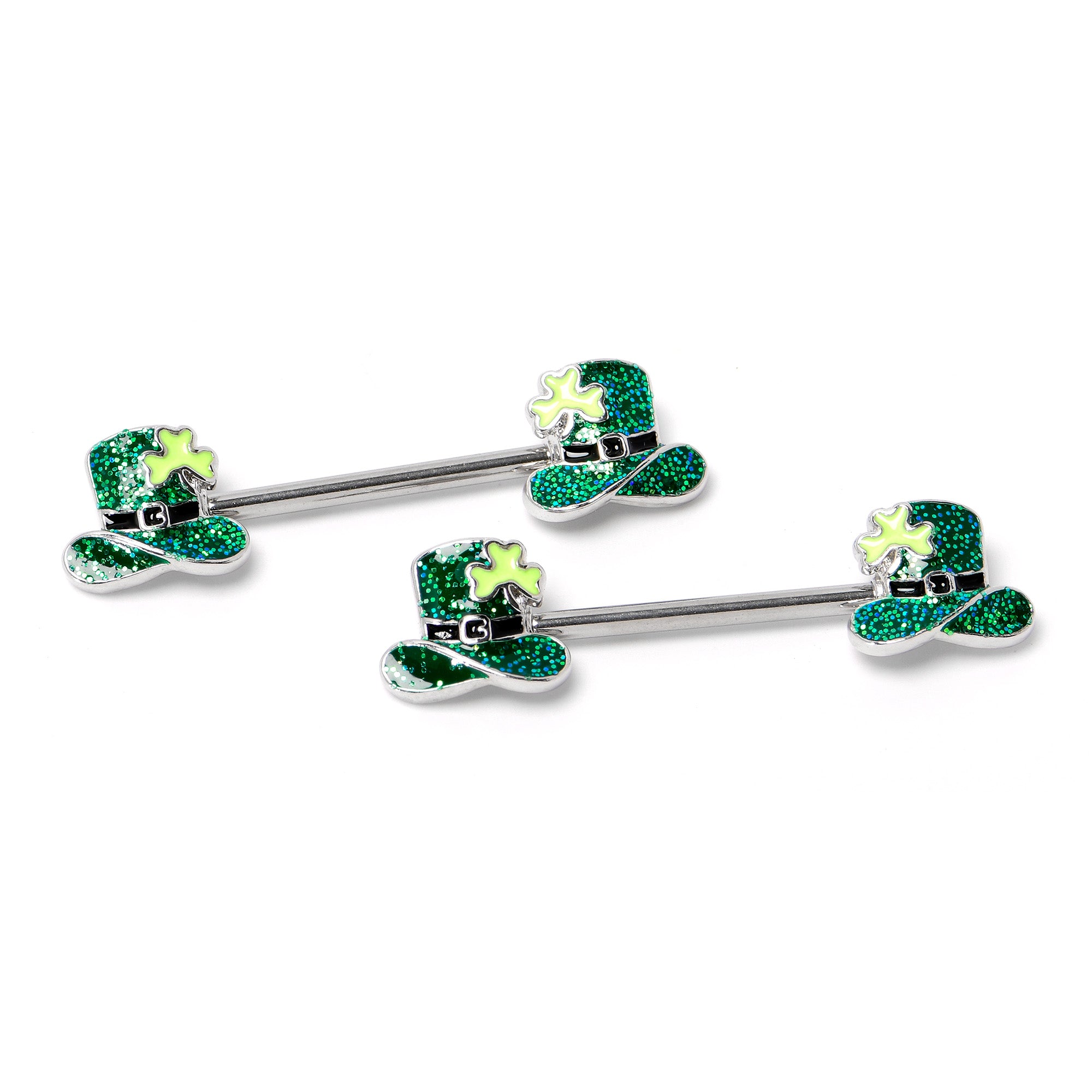 14 Gauge 9/16 Glitter Top Hat Shamrock Barbell Nipple Ring Set