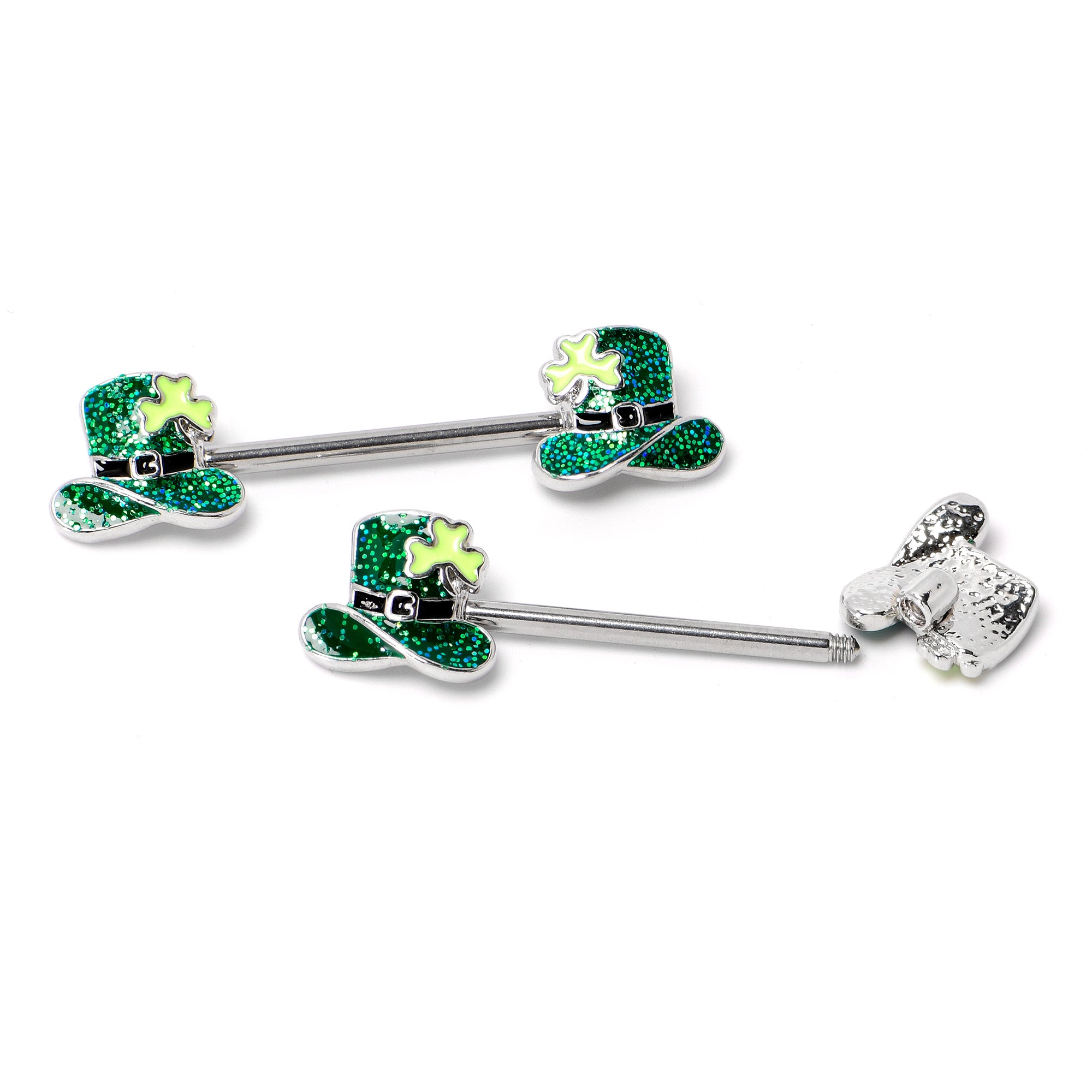 14 Gauge 9/16 Glitter Top Hat Shamrock Barbell Nipple Ring Set