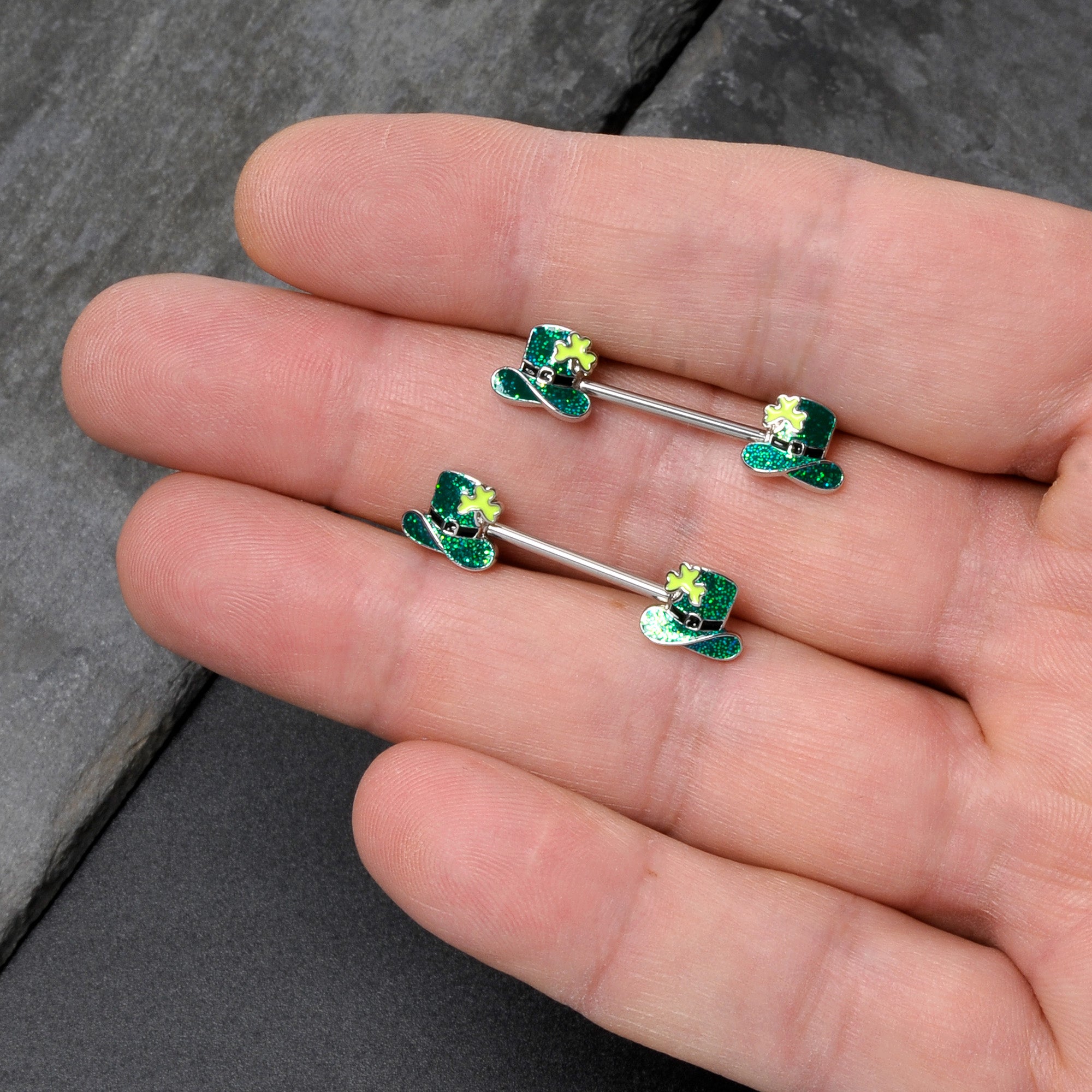 14 Gauge 9/16 Glitter Top Hat Shamrock Barbell Nipple Ring Set