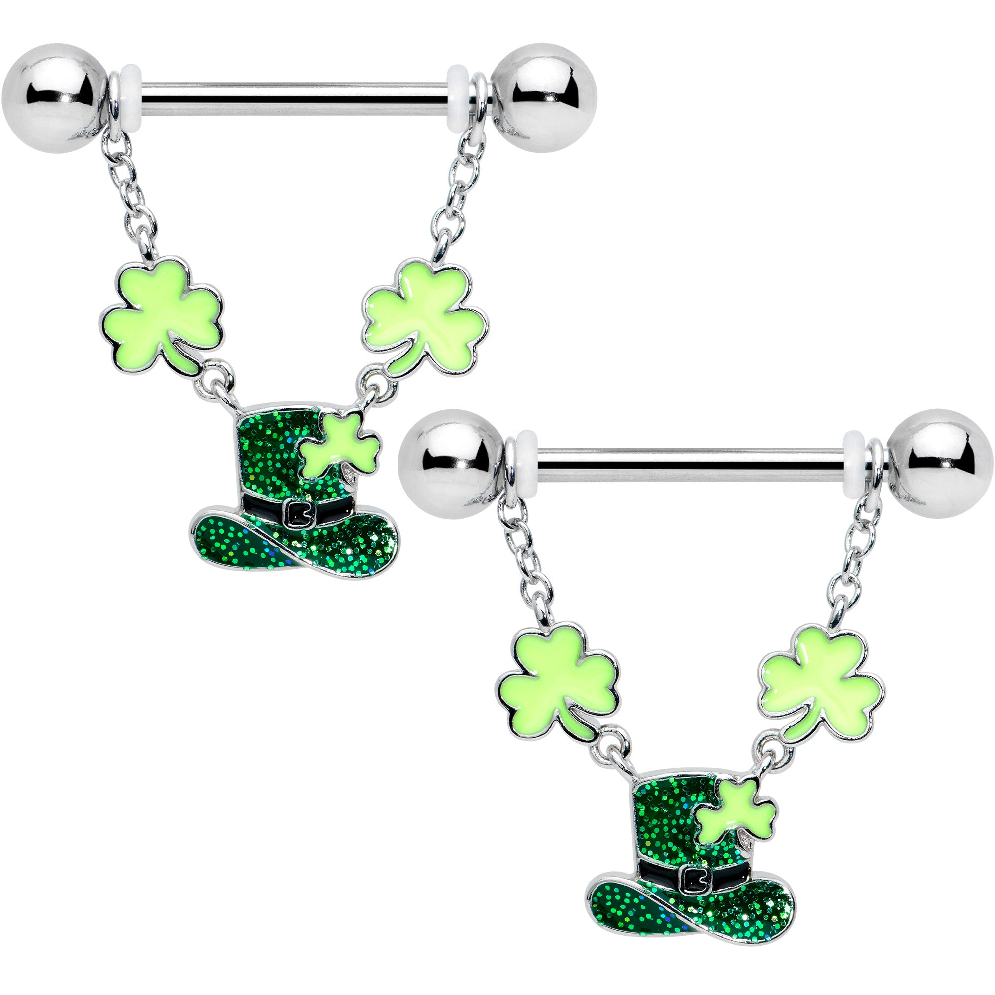 14 Gauge 9/16 Glitter Top Hat Shamrock Chain Dangle Nipple Ring Set