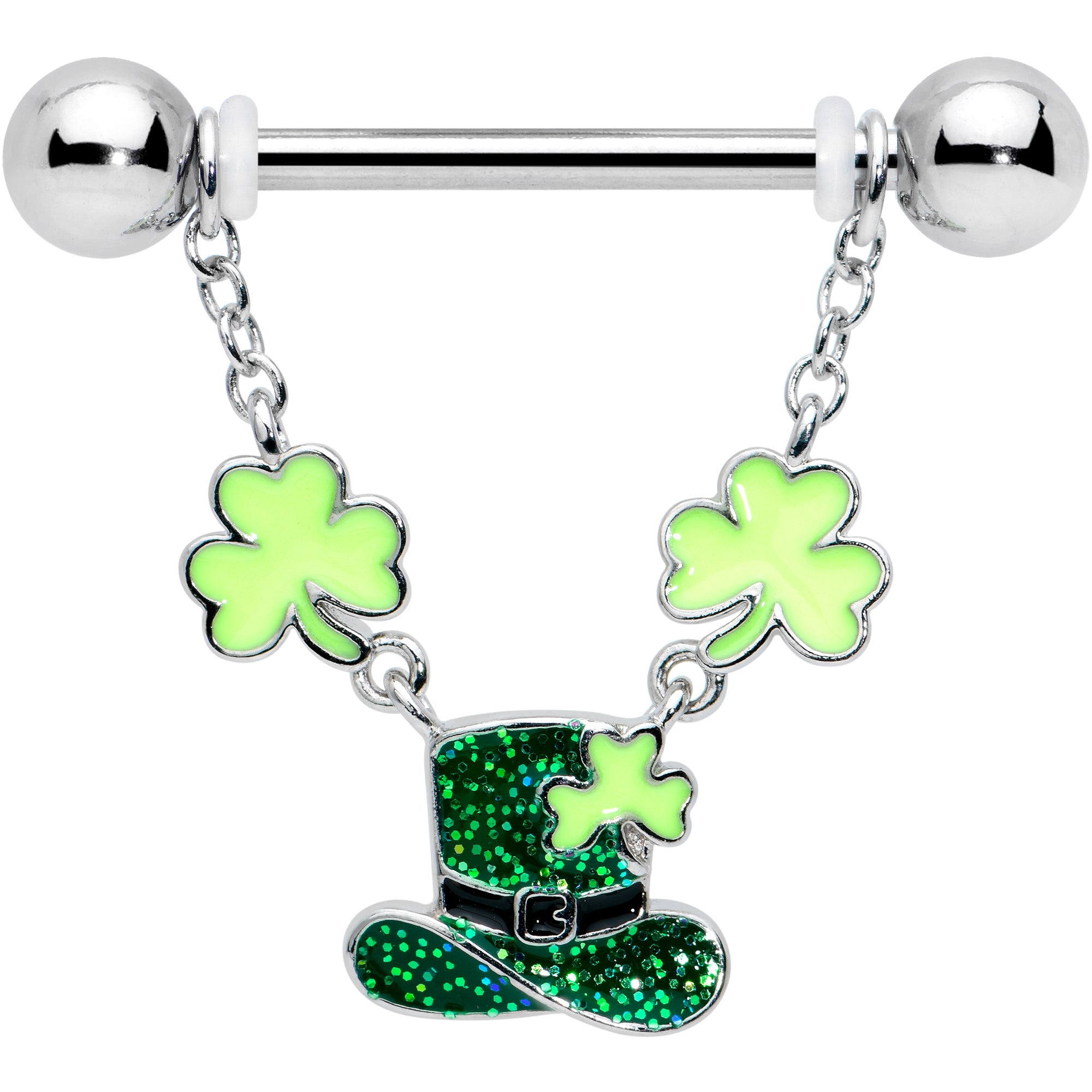 14 Gauge 9/16 Glitter Top Hat Shamrock Chain Dangle Nipple Ring Set