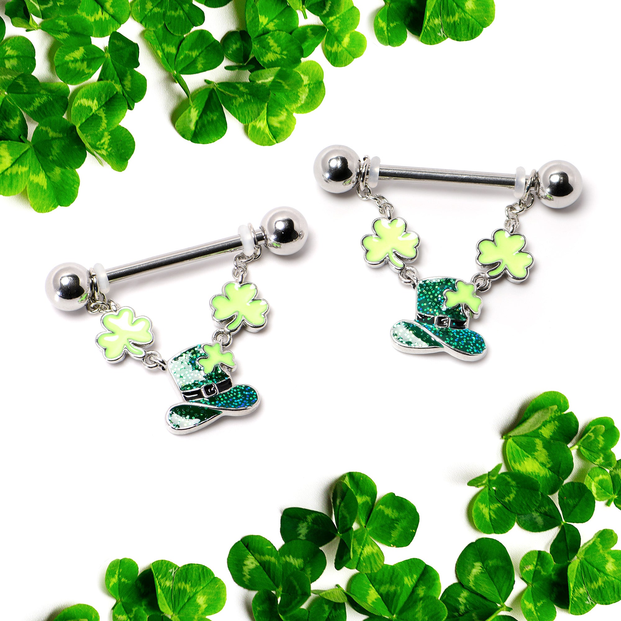 14 Gauge 9/16 Glitter Top Hat Shamrock Chain Dangle Nipple Ring Set