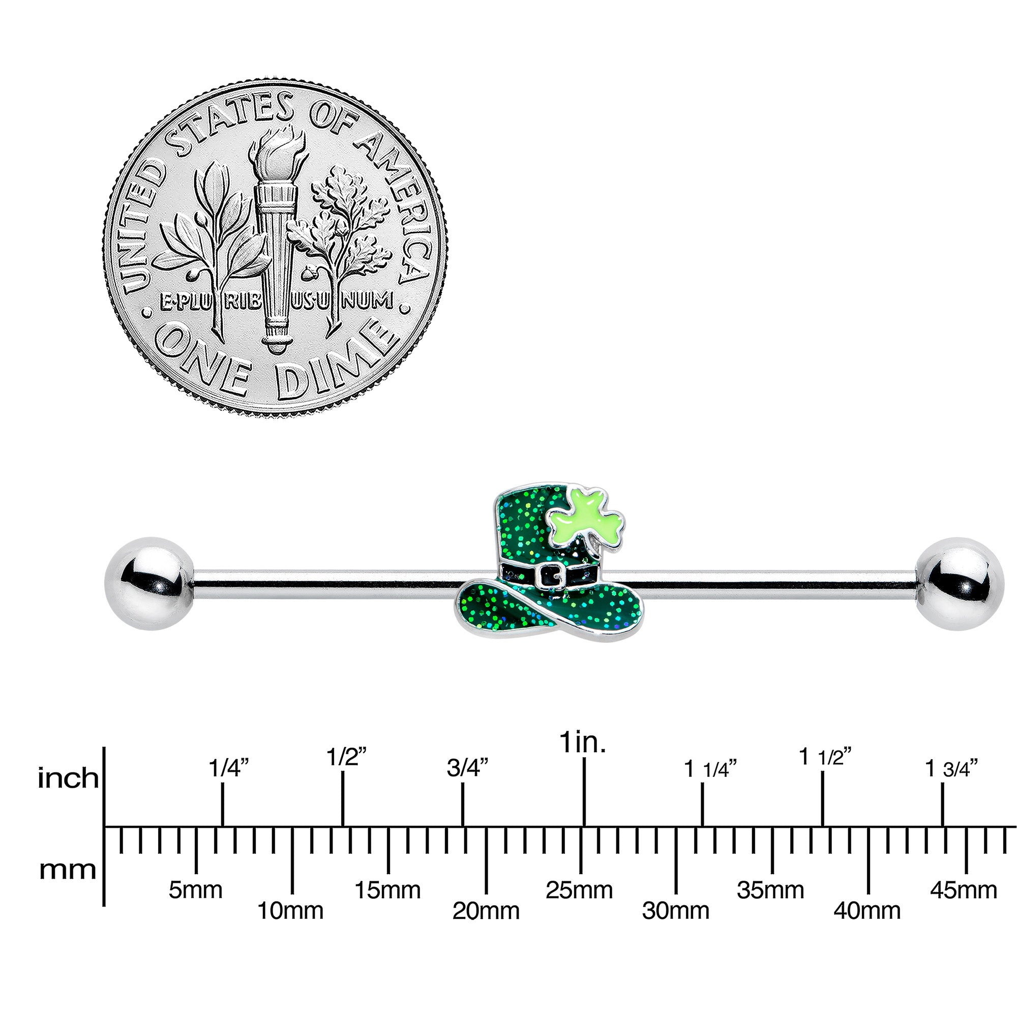 14 Gauge Glitter Top Hat Shamrock St Patricks Industrial Barbell 38mm