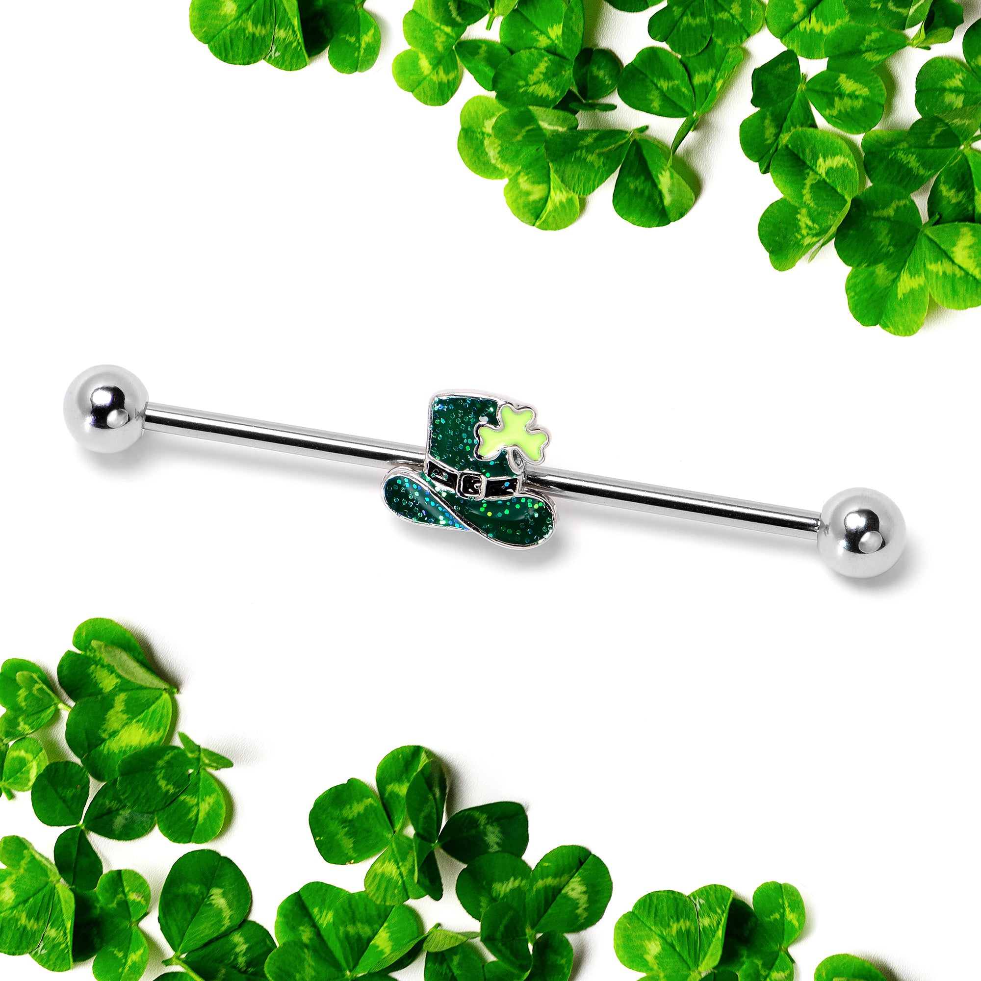 14 Gauge Glitter Top Hat Shamrock St Patricks Industrial Barbell 38mm