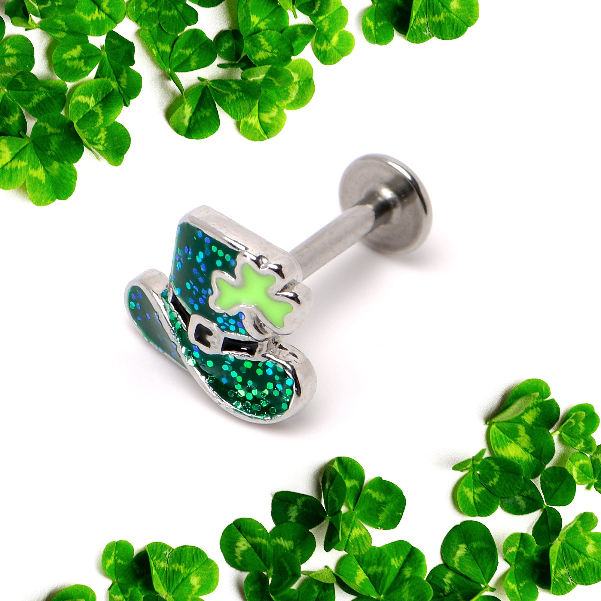 16 Gauge 5/16 Glitter Top Hat Shamrock St Patricks Labret Monroe Tragus