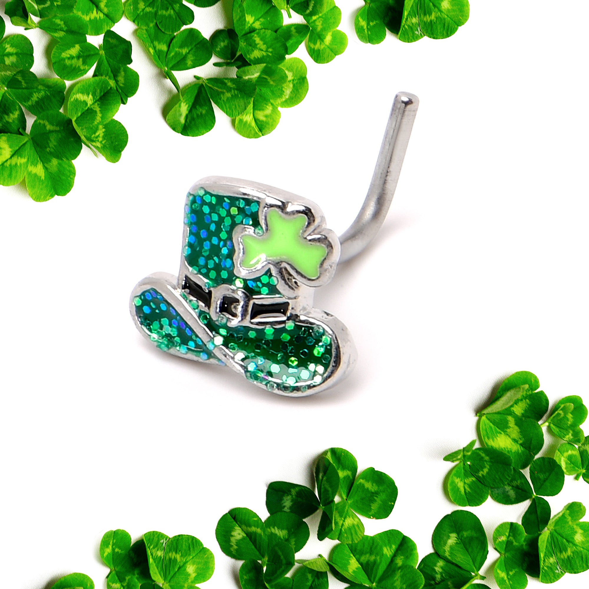 20 Gauge 7mm Glitter Top Hat Shamrock St Patricks L Shape Nose Ring