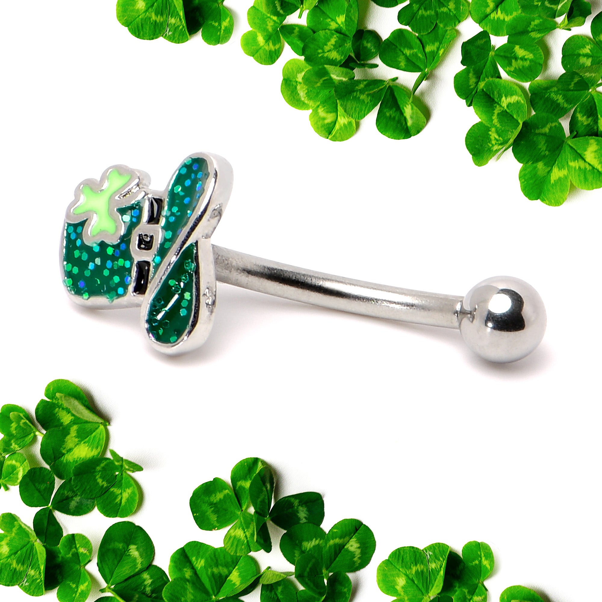 16 Gauge 5/16 Glitter Top Hat Shamrock St Patricks Curved Eyebrow Ring