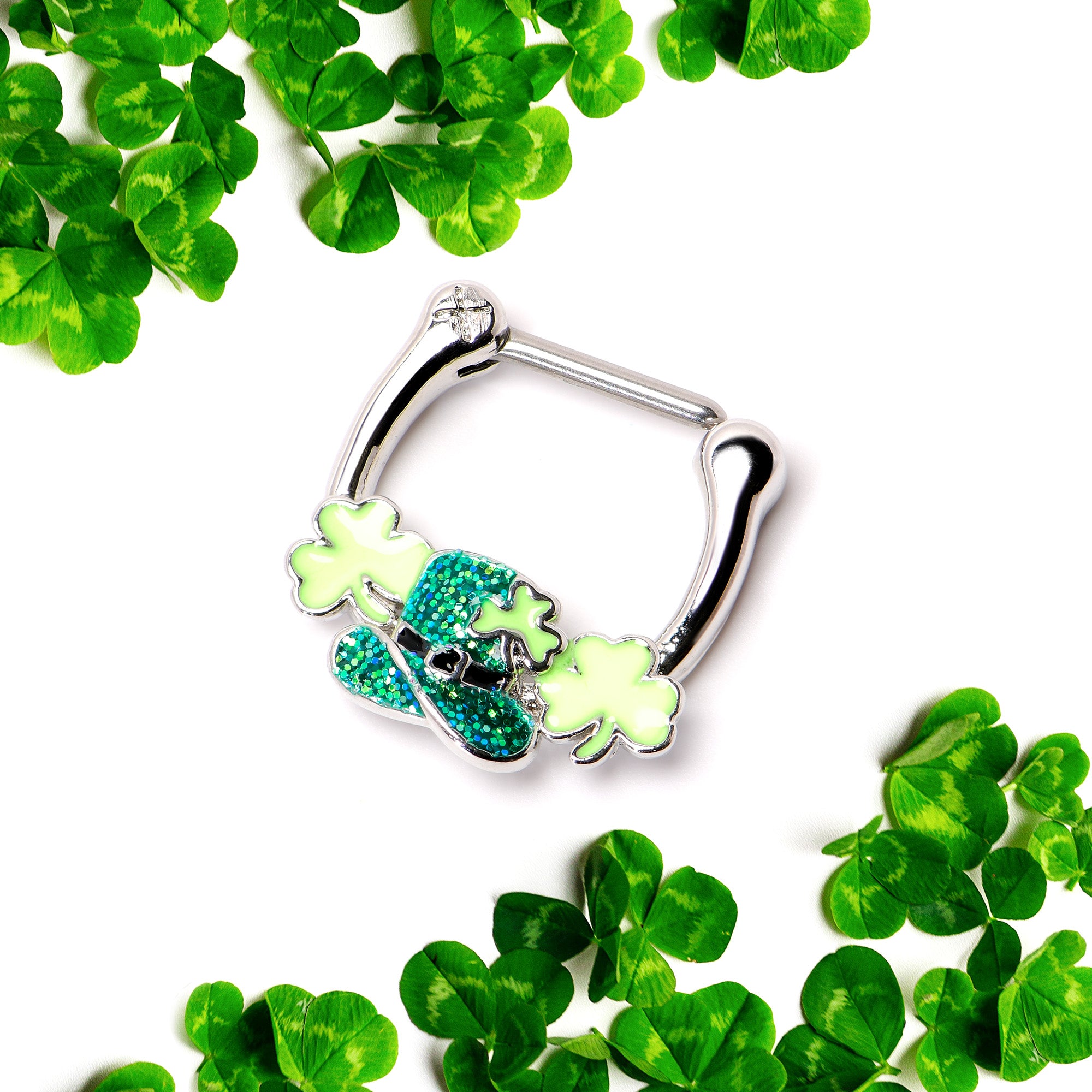 16 Gauge 5/16 Glitter Top Hat Shamrock St Patricks Cartilage Clicker