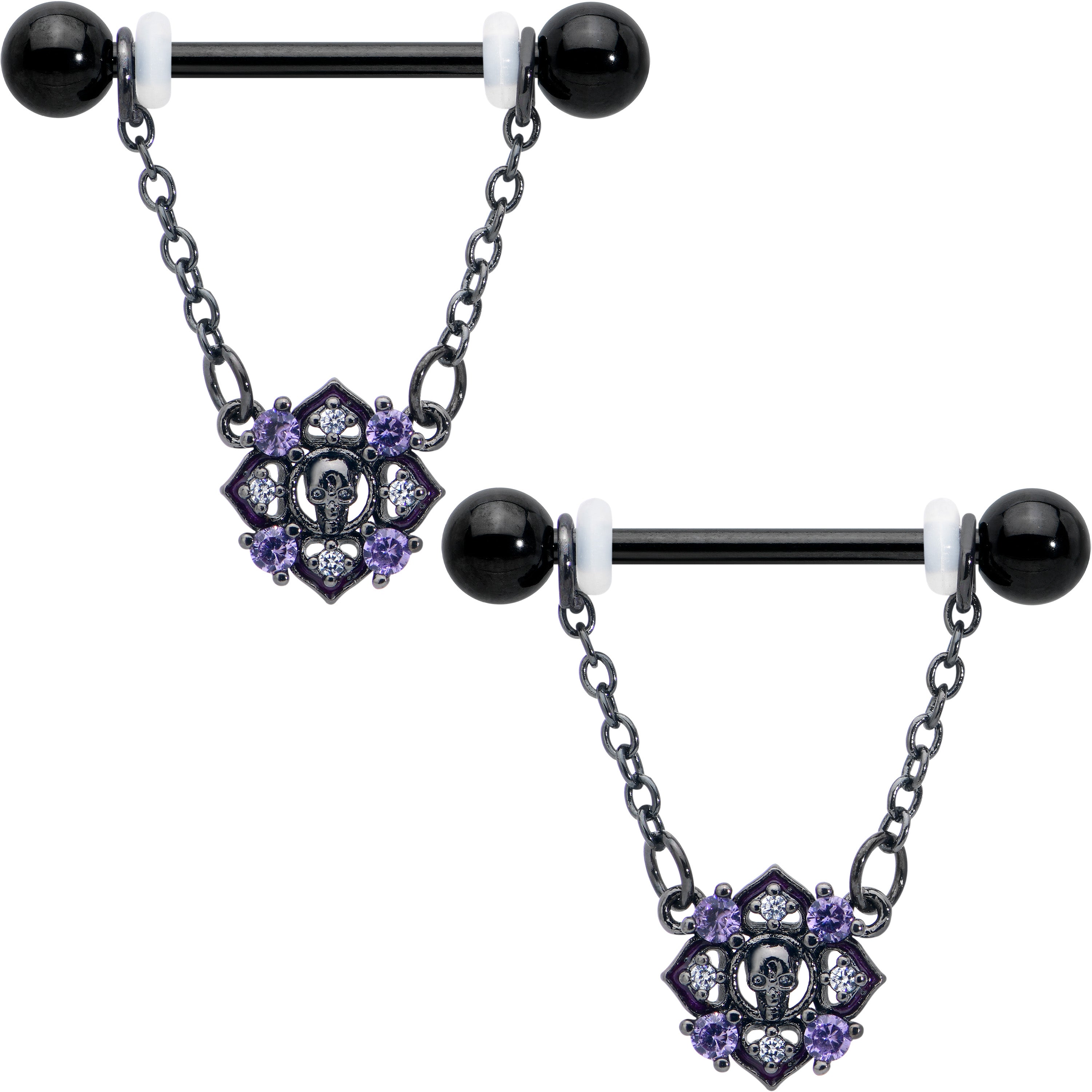 14 Gauge 9/16 Purple Gem Black Skull Circle Chain Dangle Nipple Ring Set