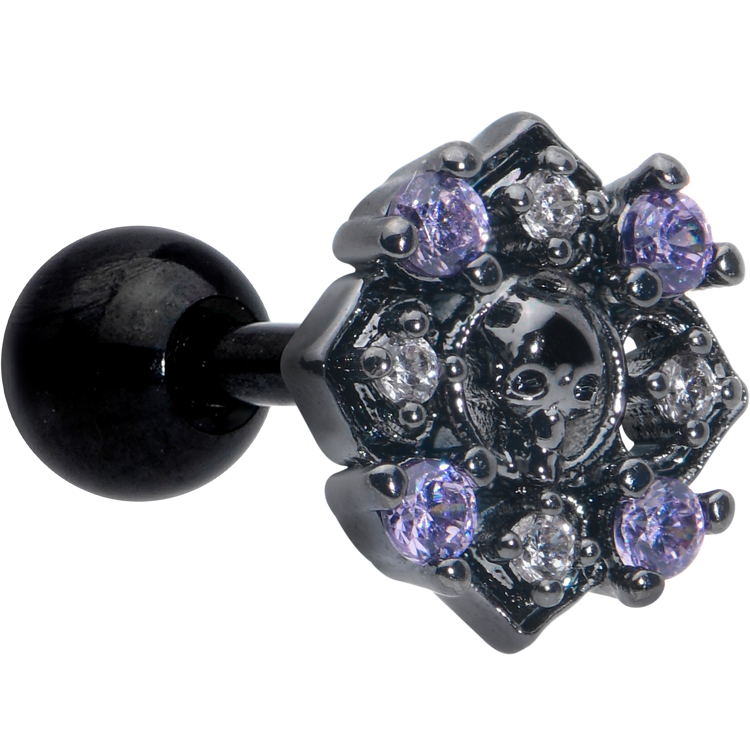 16 Gauge 1/4 Purple Gem Black Skull Circle Cartilage Tragus Earring