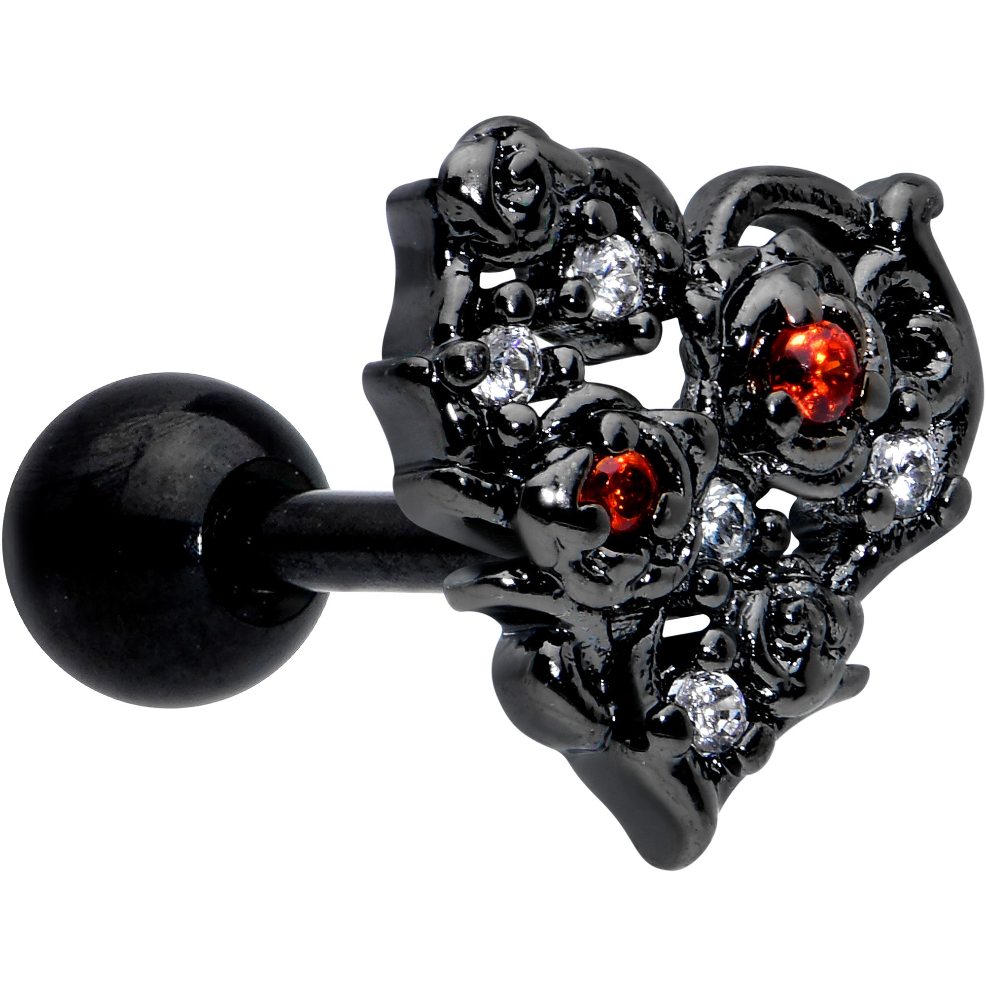 16 Gauge 1/4 Clear Red CZ Gem Black Floral Heart Cartilage Earring