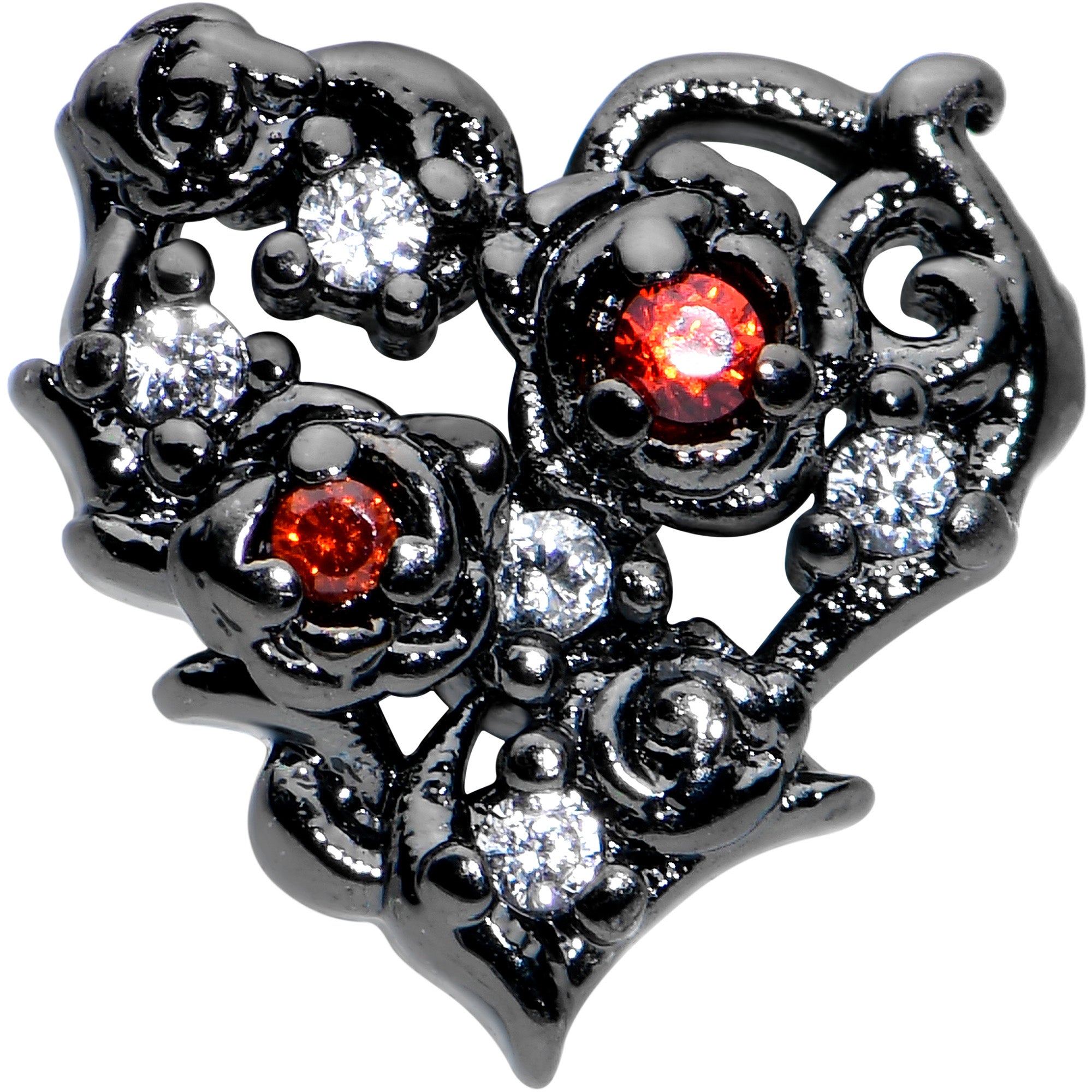 16 Gauge 1/4 Clear Red CZ Gem Black Floral Heart Cartilage Earring