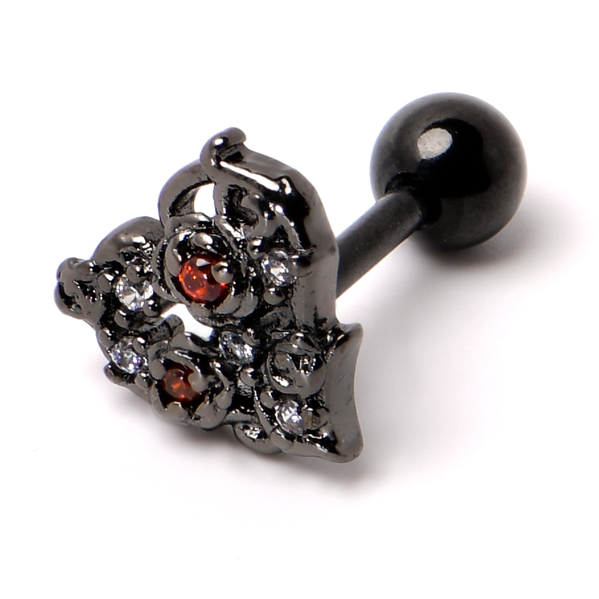 16 Gauge 1/4 Clear Red CZ Gem Black Floral Heart Cartilage Earring