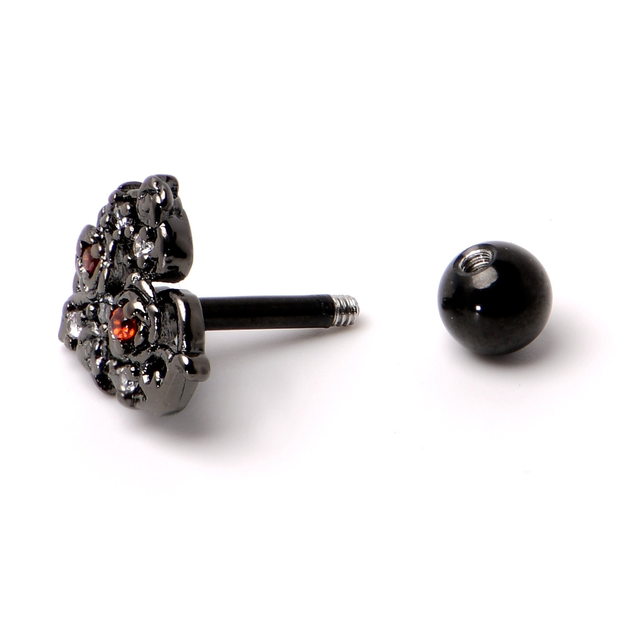 16 Gauge 1/4 Clear Red CZ Gem Black Floral Heart Cartilage Earring