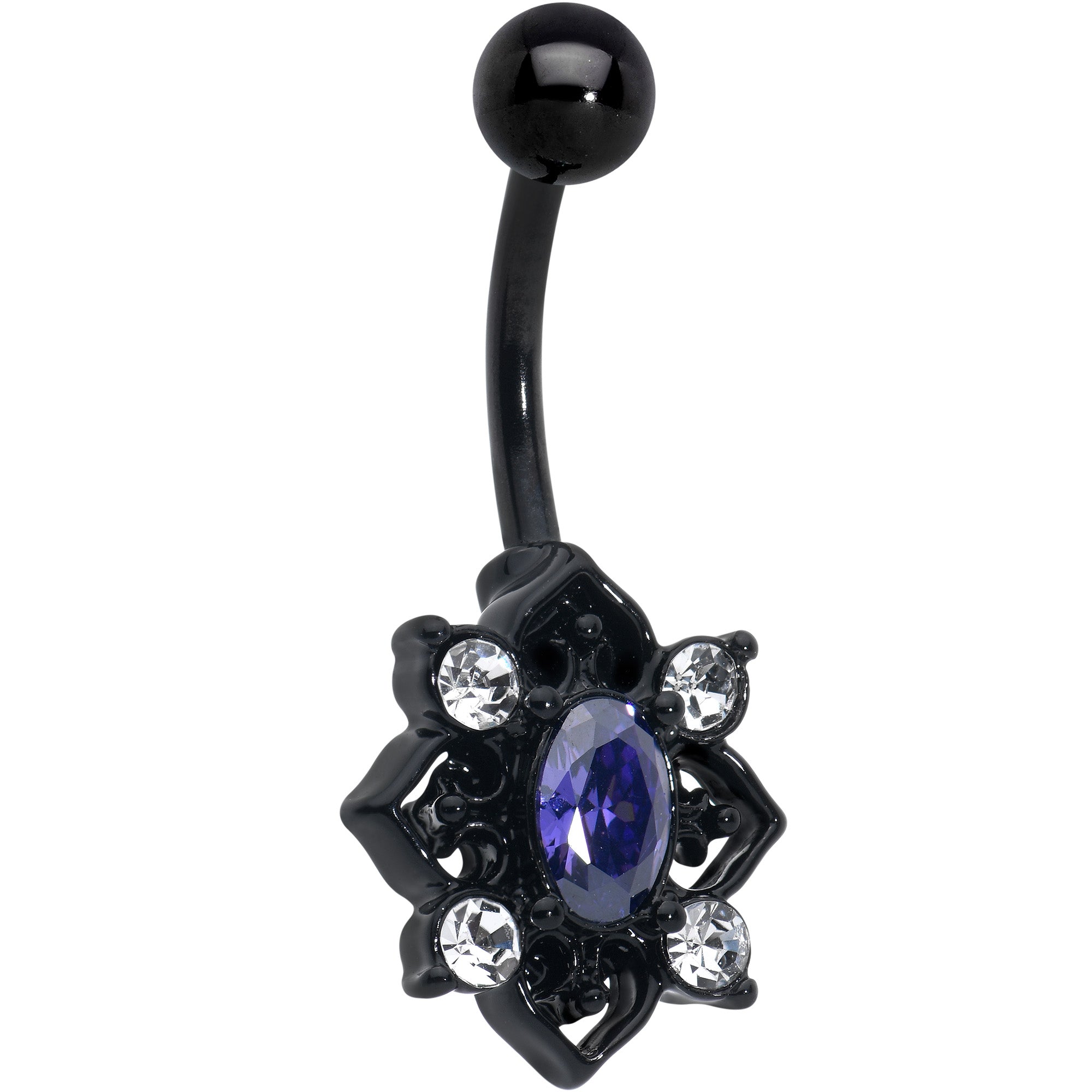 Purple Clear Gem Black Scrolling Hearts Belly Ring