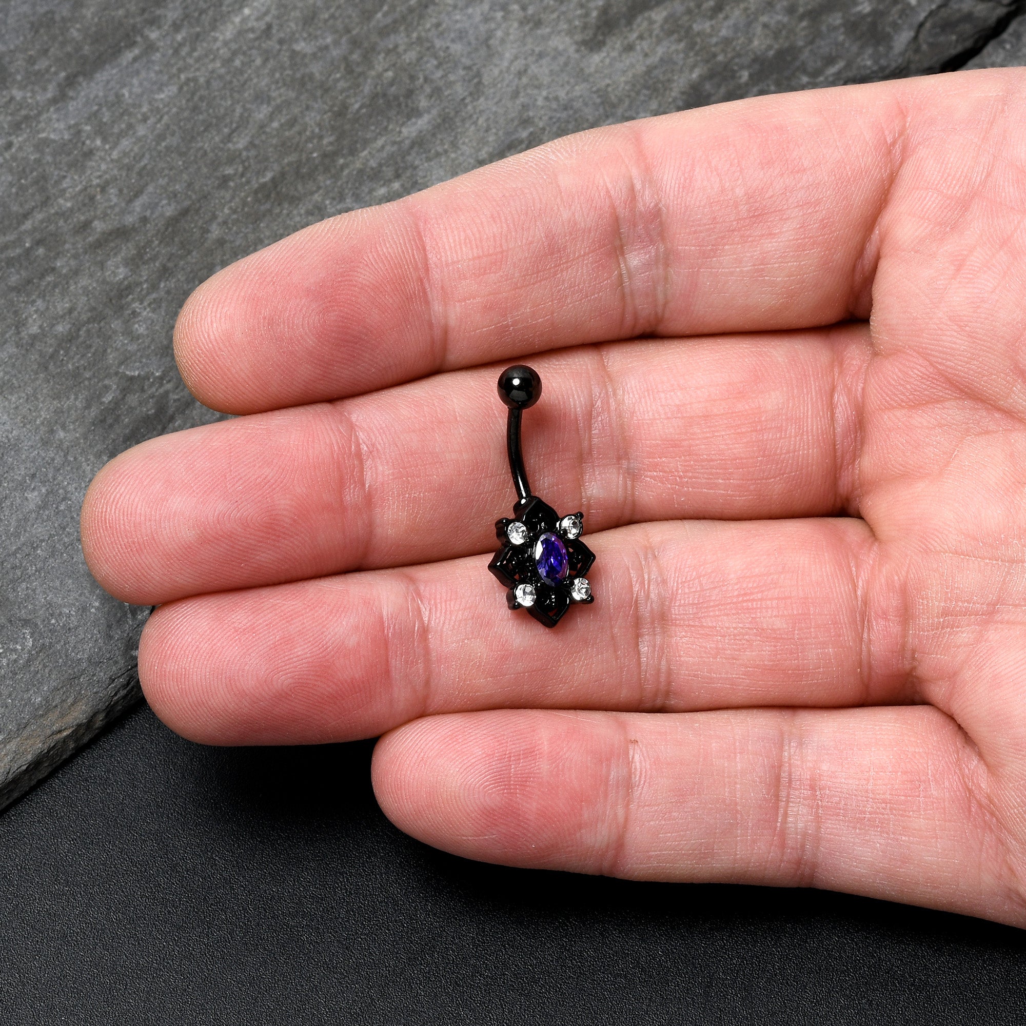 Purple Clear Gem Black Scrolling Hearts Belly Ring