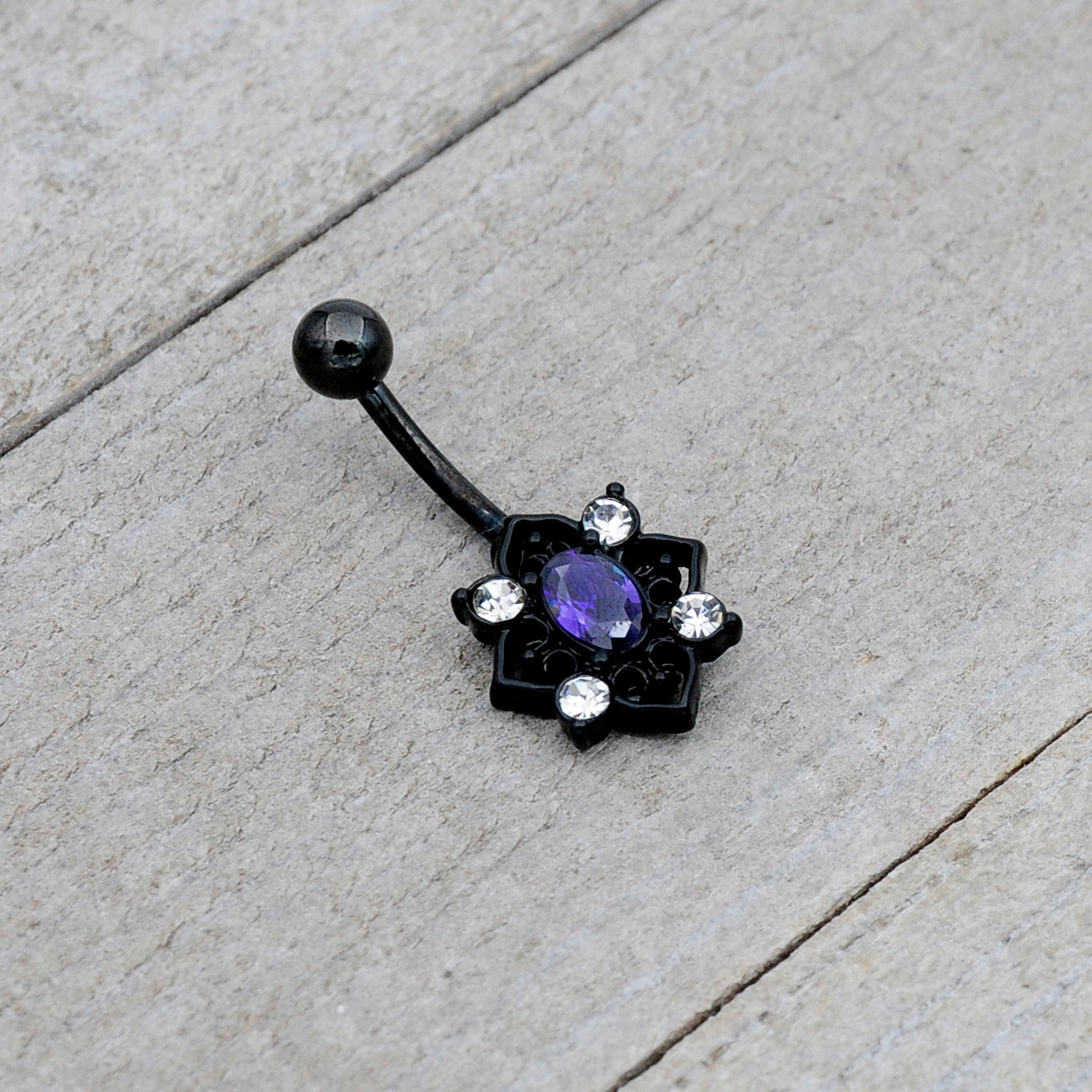 Purple Clear Gem Black Scrolling Hearts Belly Ring