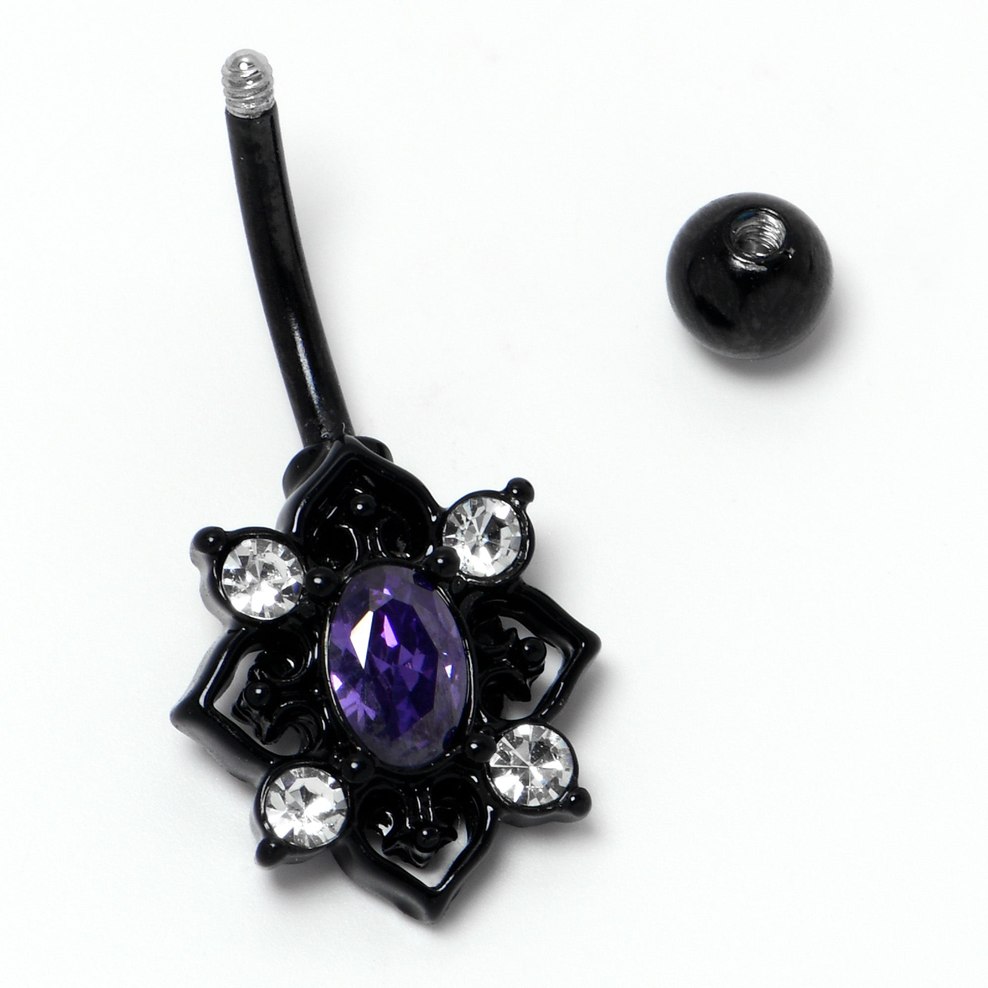 Purple Clear Gem Black Scrolling Hearts Belly Ring