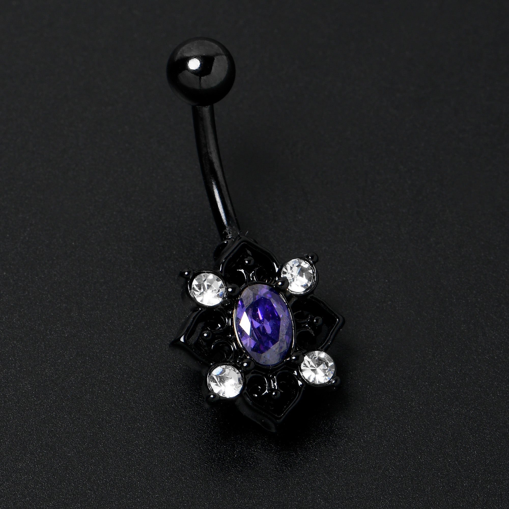 Purple Clear Gem Black Scrolling Hearts Belly Ring