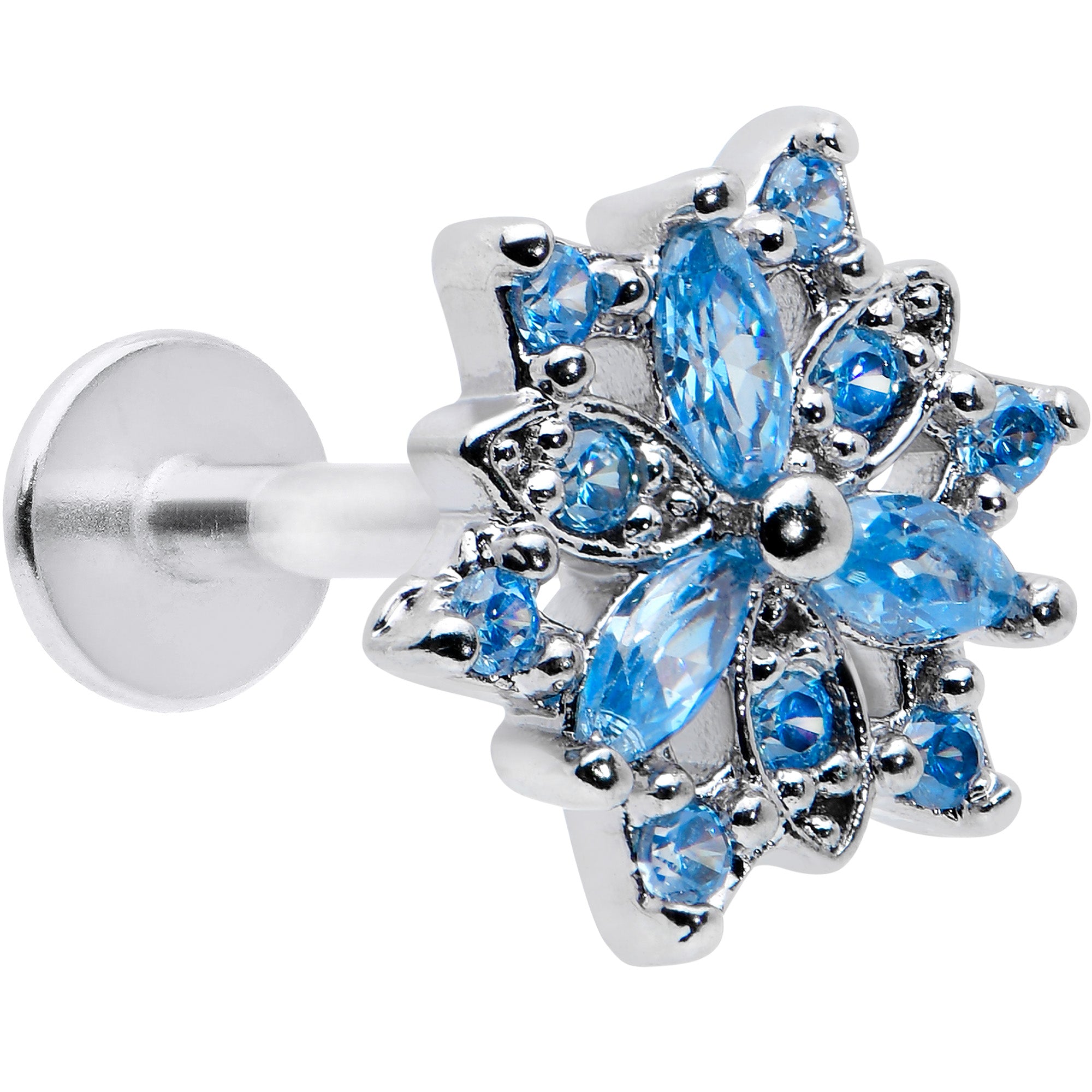 16 Gauge 5/16 Blue CZ Gem Snowflake Blues Labret Monroe Tragus