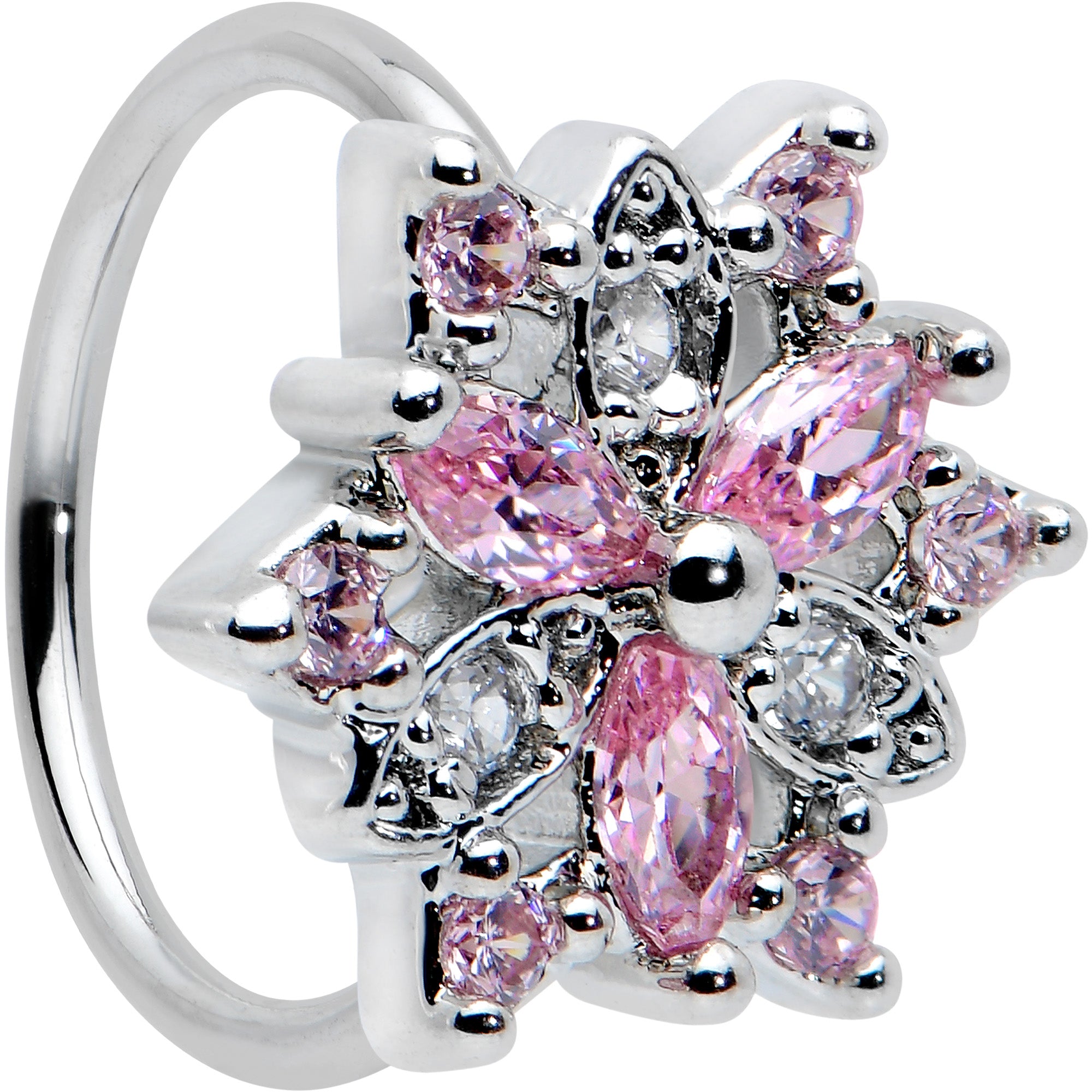 20 Gauge 5/16 Pink Clear CZ Gem Snowflake Nose Hoop