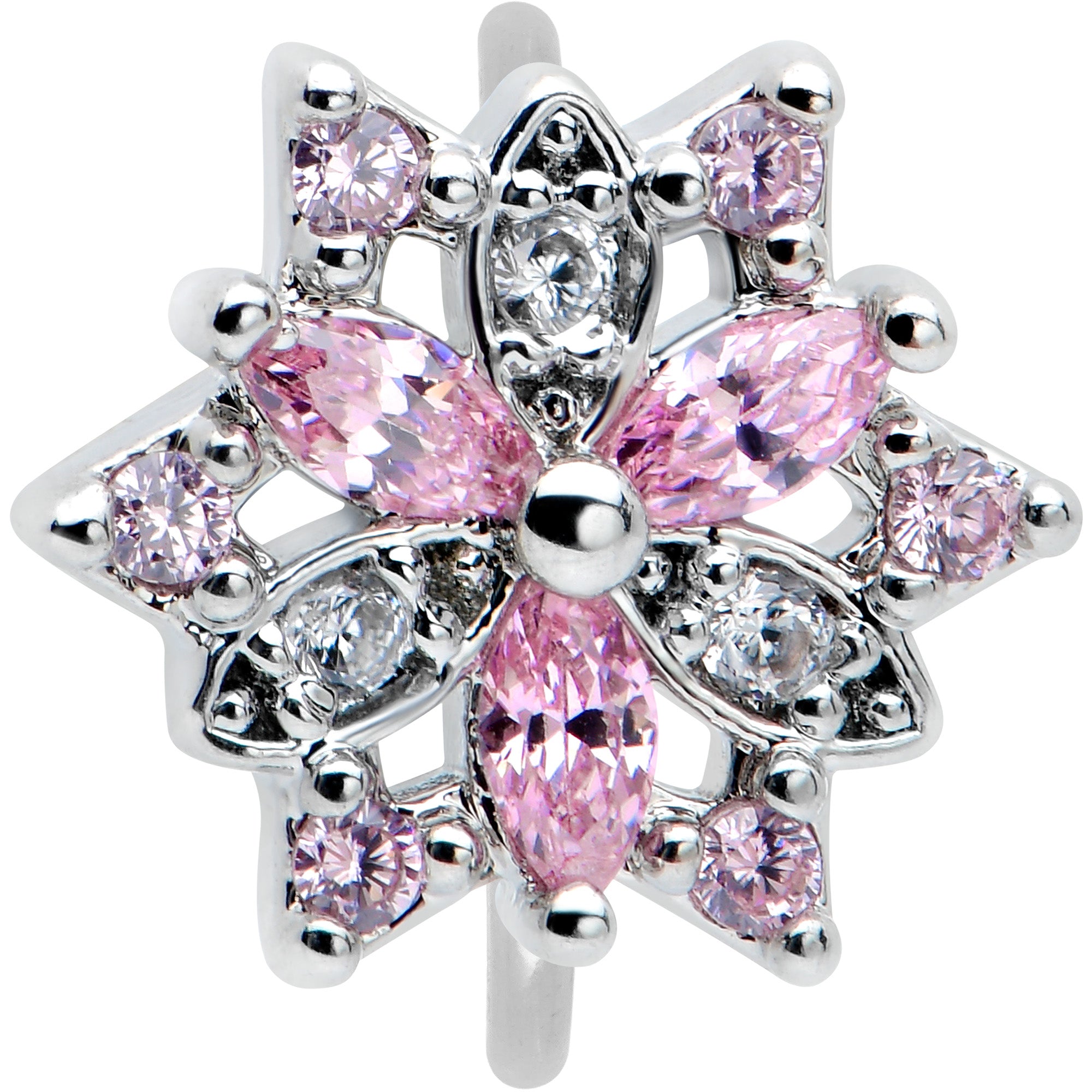 20 Gauge 5/16 Pink Clear CZ Gem Snowflake Nose Hoop