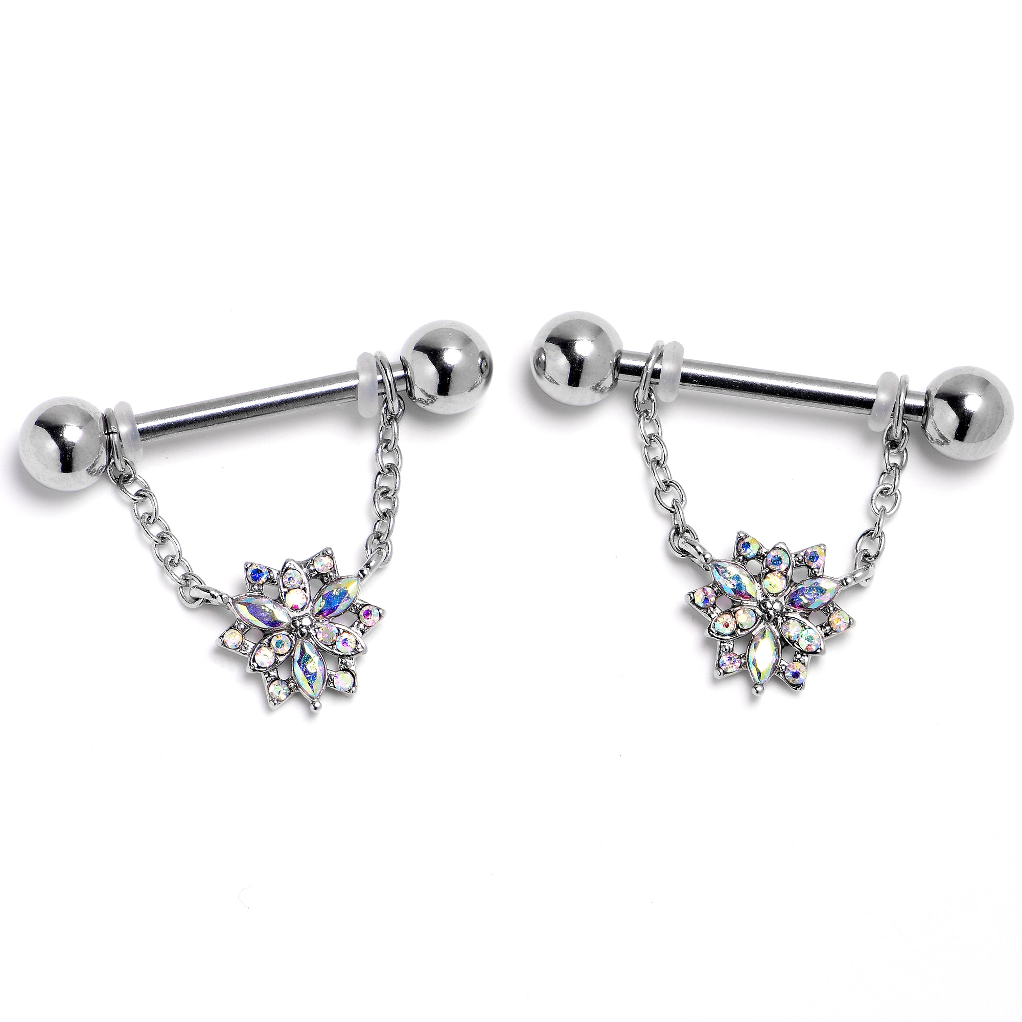 14 Gauge 9/16 Aurora Gem Snowflake Style Chain Dangle Nipple Ring Set