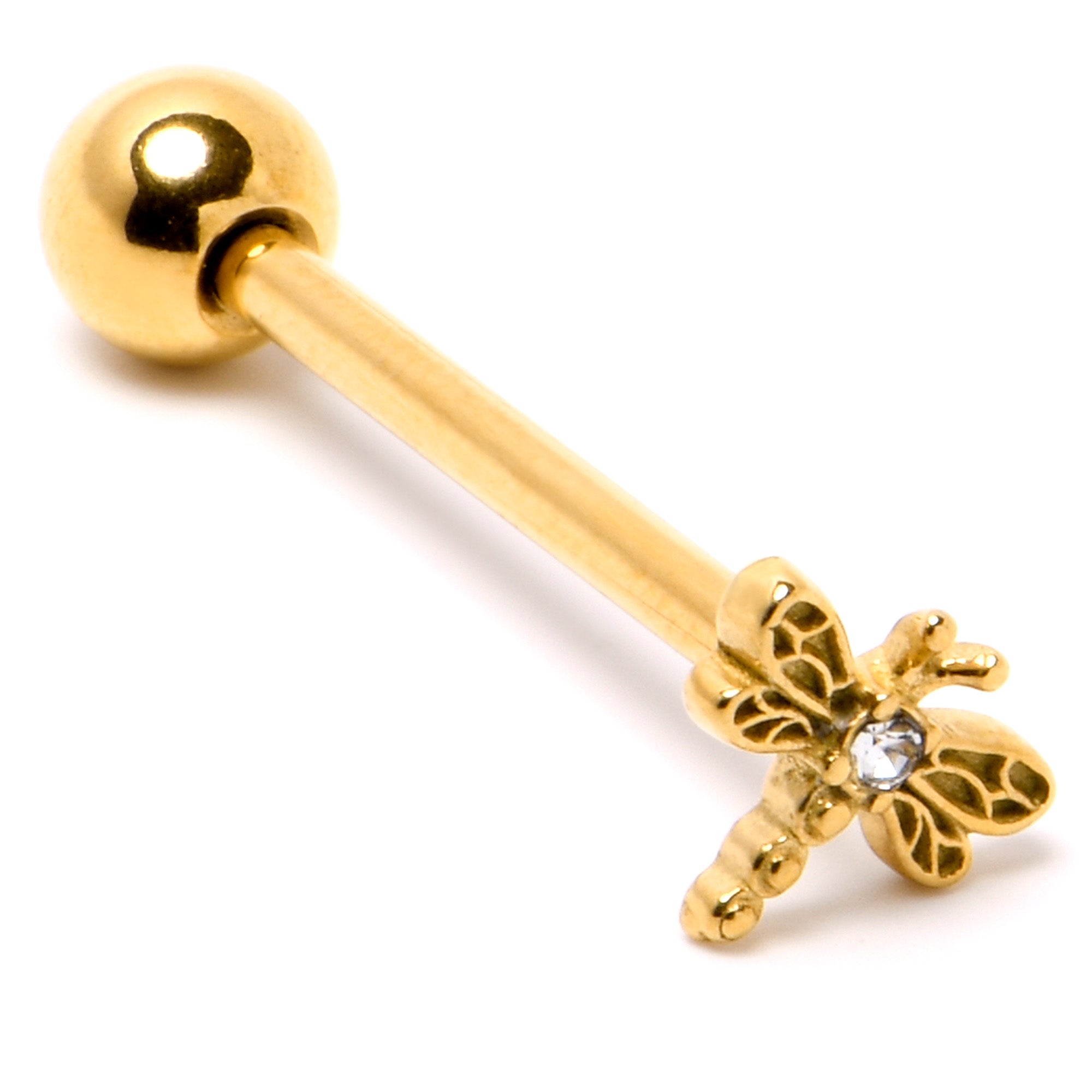 Clear Gem Gold Tone Flying Dragonfly Barbell Tongue Ring