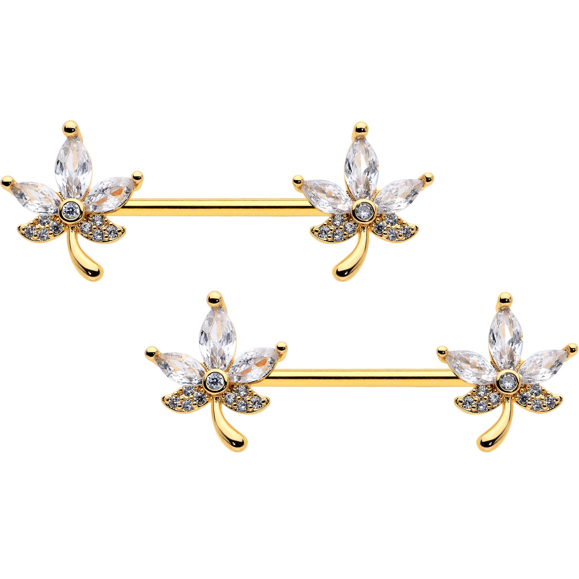 14 Gauge 3/4 Clear CZ Gem Gold Tone Pot Leaf Barbell Nipple Ring Set