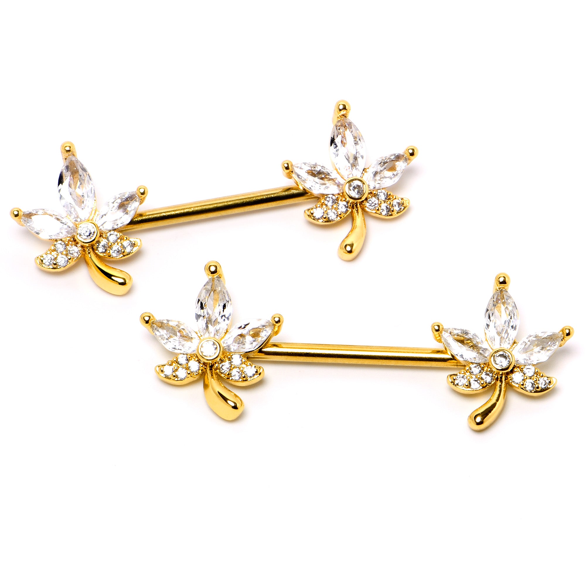 14 Gauge 3/4 Clear CZ Gem Gold Tone Pot Leaf Barbell Nipple Ring Set