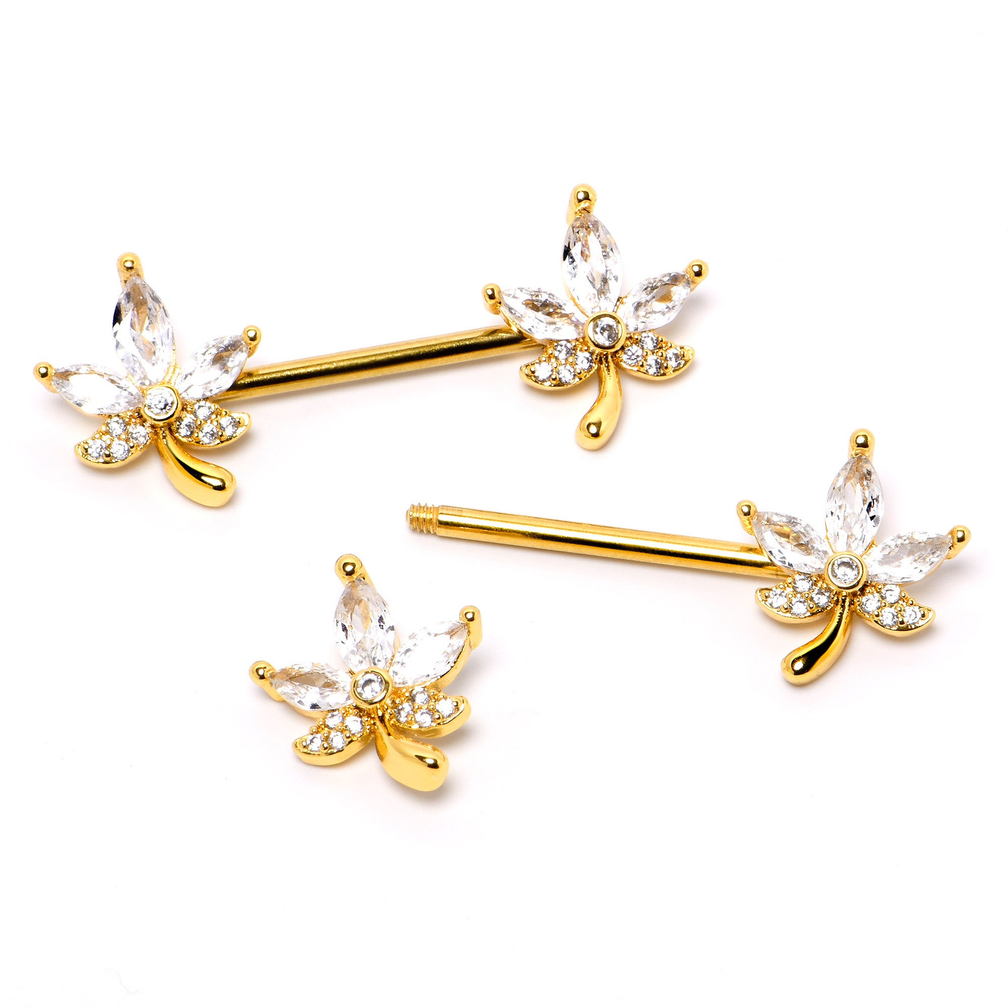 14 Gauge 3/4 Clear CZ Gem Gold Tone Pot Leaf Barbell Nipple Ring Set