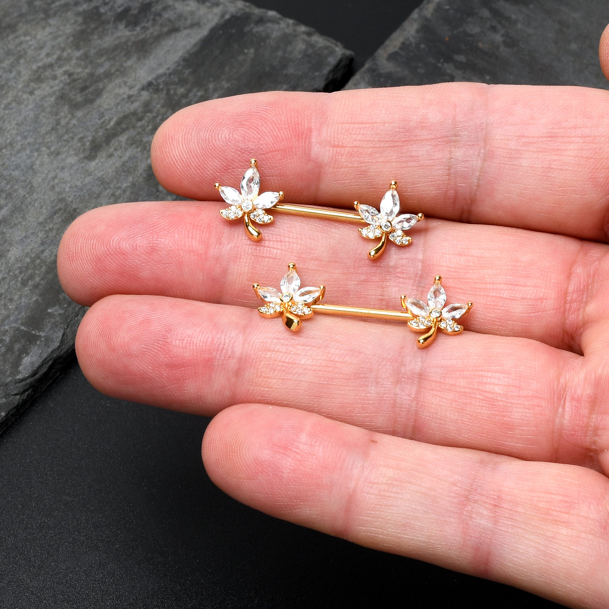 14 Gauge 3/4 Clear CZ Gem Gold Tone Pot Leaf Barbell Nipple Ring Set