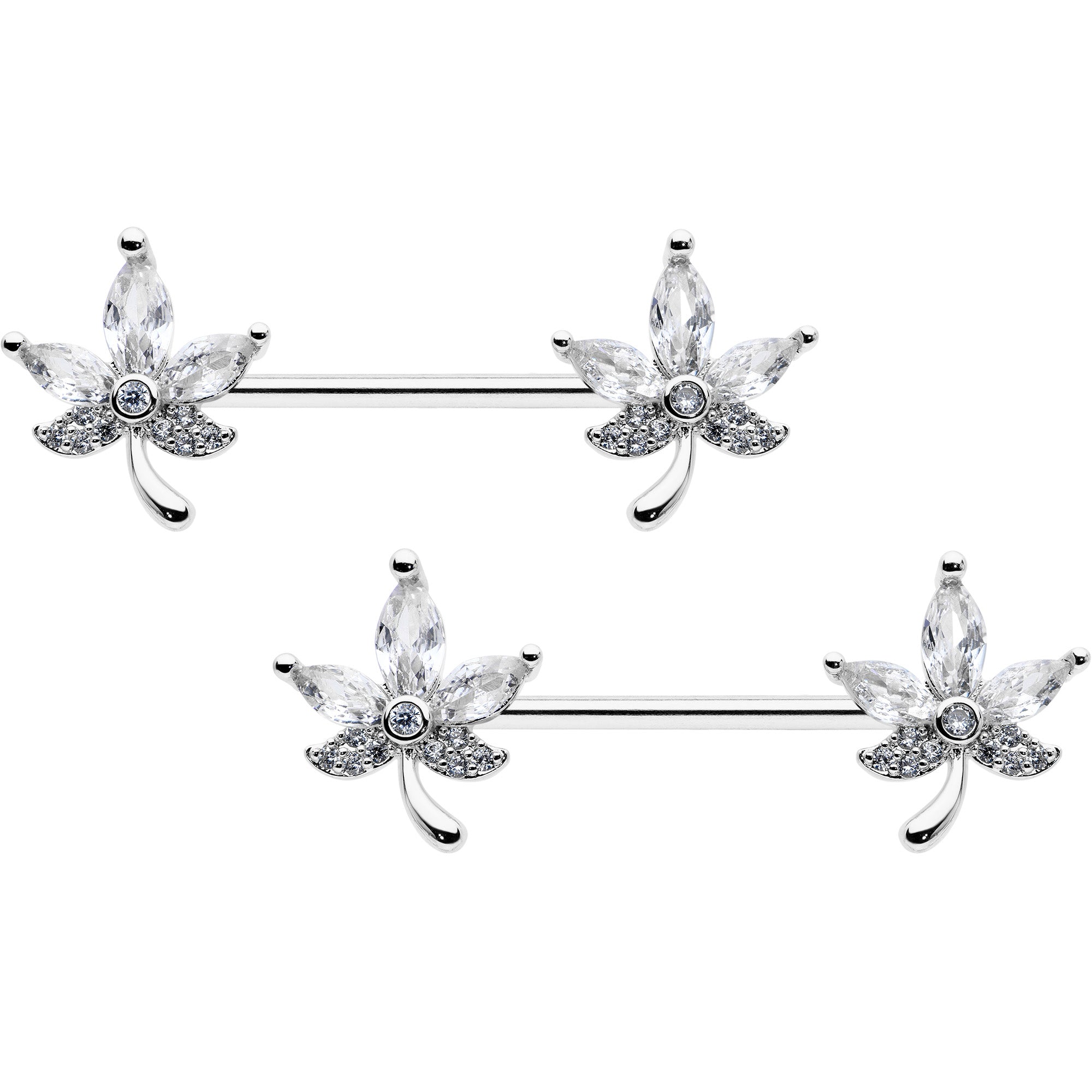 14 Gauge 3/4 Clear CZ Gem Pot Leaf Barbell Nipple Ring Set