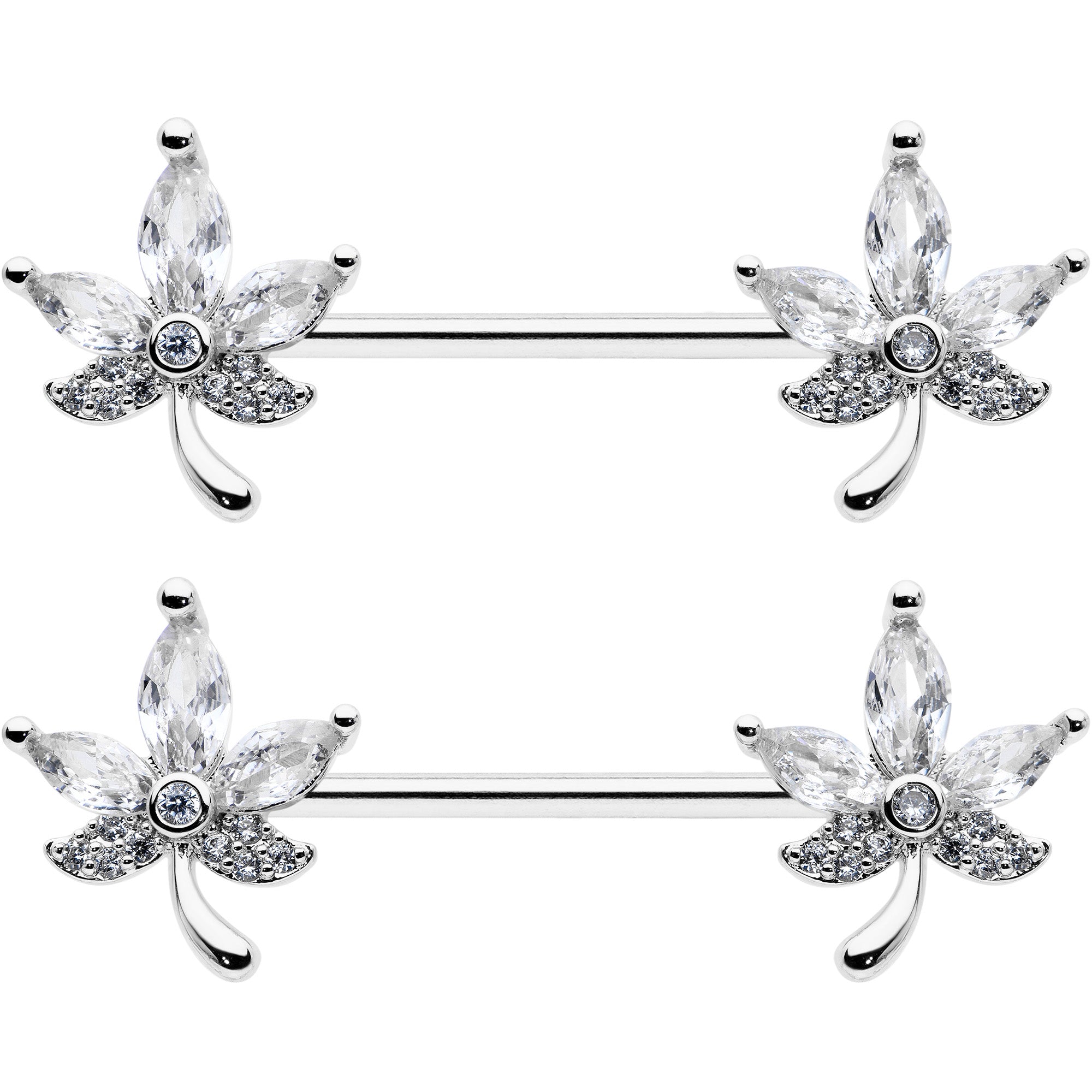 14 Gauge 3/4 Clear CZ Gem Pot Leaf Barbell Nipple Ring Set