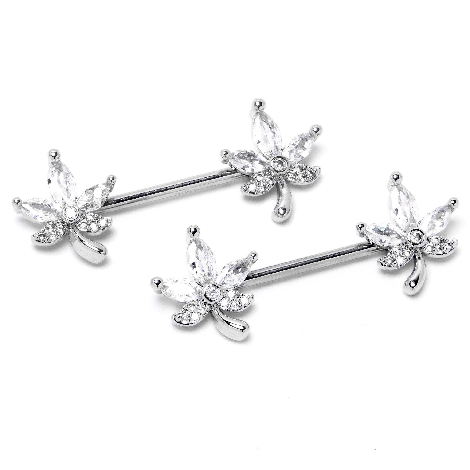 14 Gauge 3/4 Clear CZ Gem Pot Leaf Barbell Nipple Ring Set