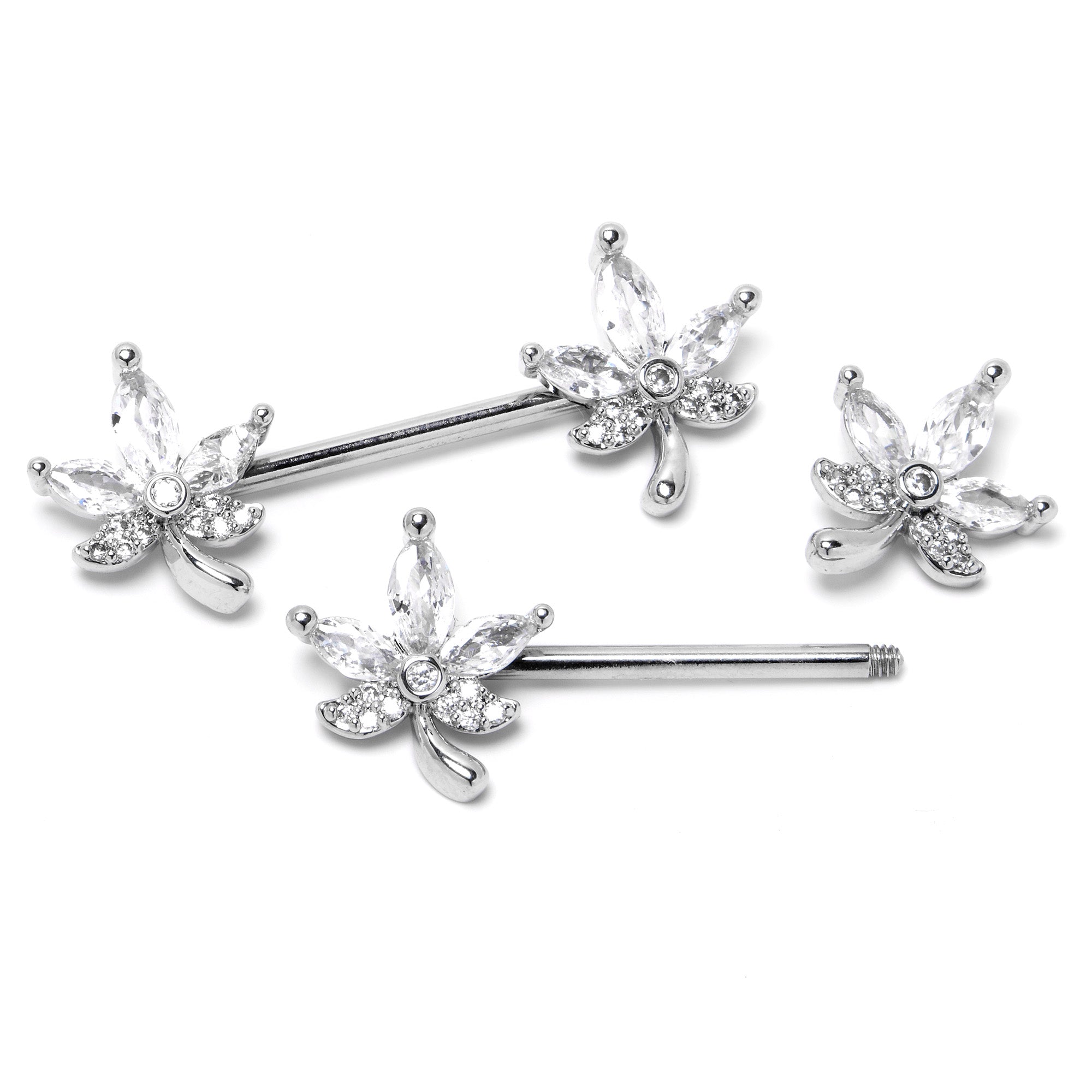 14 Gauge 3/4 Clear CZ Gem Pot Leaf Barbell Nipple Ring Set