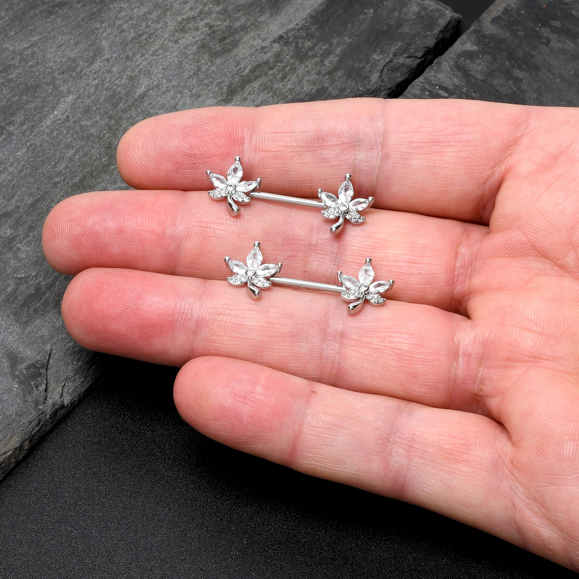 14 Gauge 3/4 Clear CZ Gem Pot Leaf Barbell Nipple Ring Set