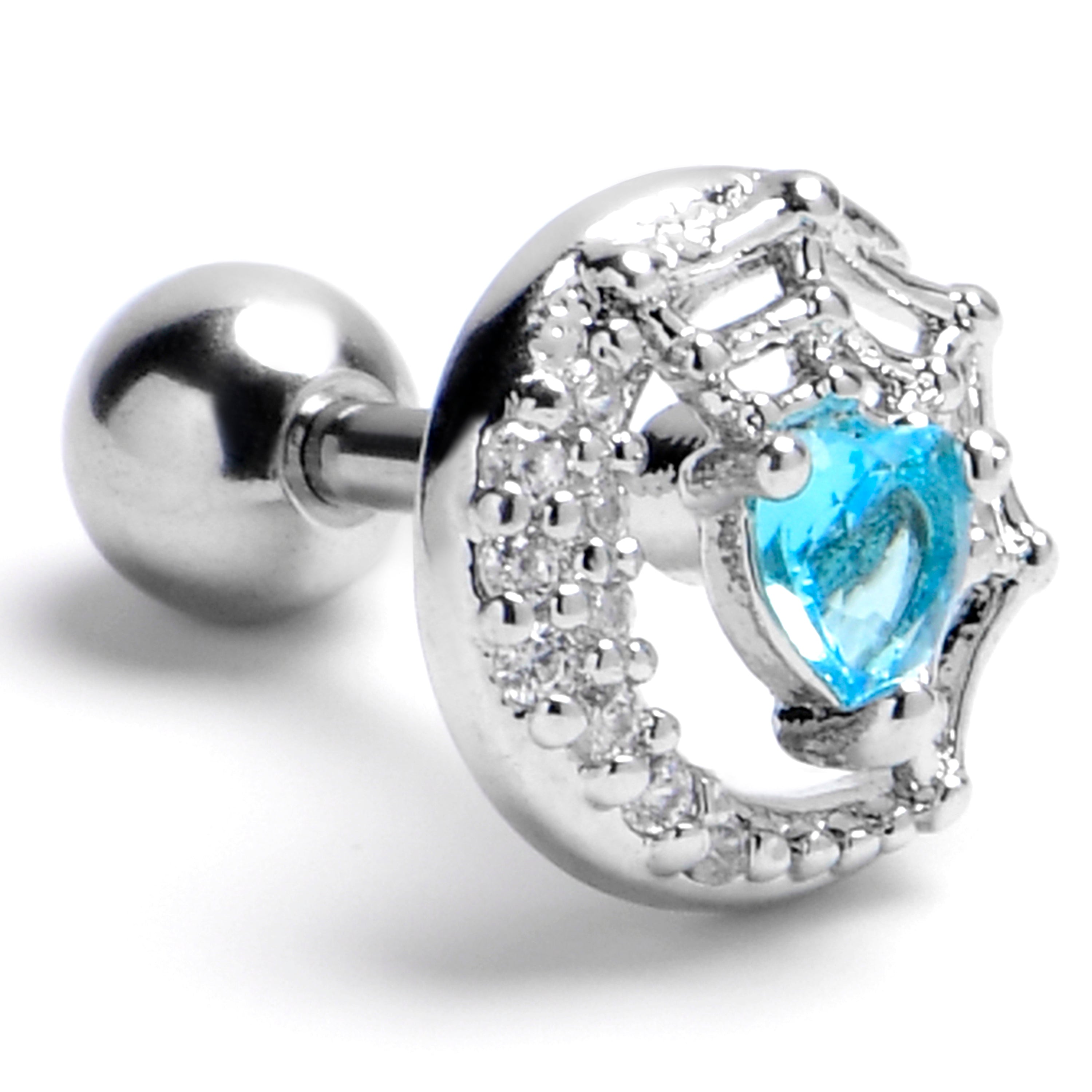 16 Gauge 1/4 Blue Gem Heart Web Moon Cartilage Tragus Earring