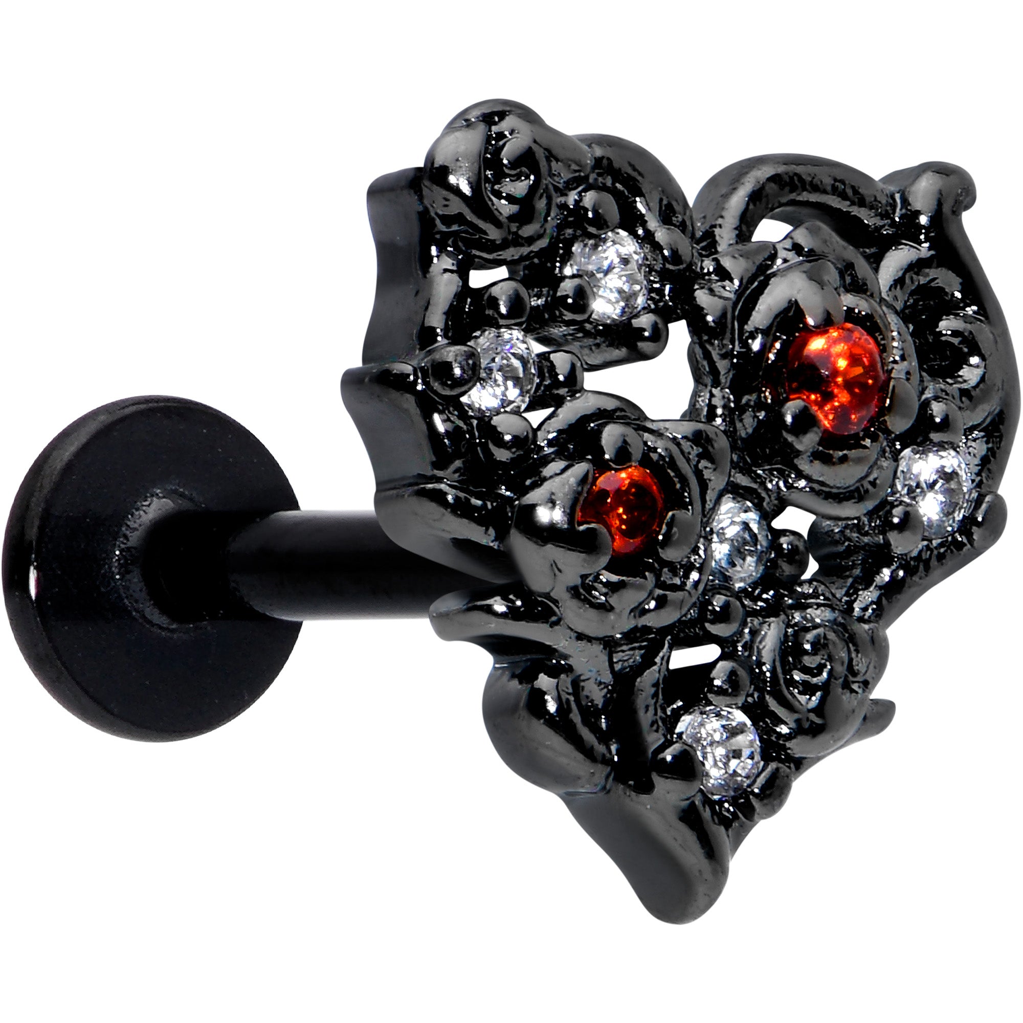 16 Gauge 5/16 Red Clear CZ Gem Black Floral Heart Labret Monroe Tragus