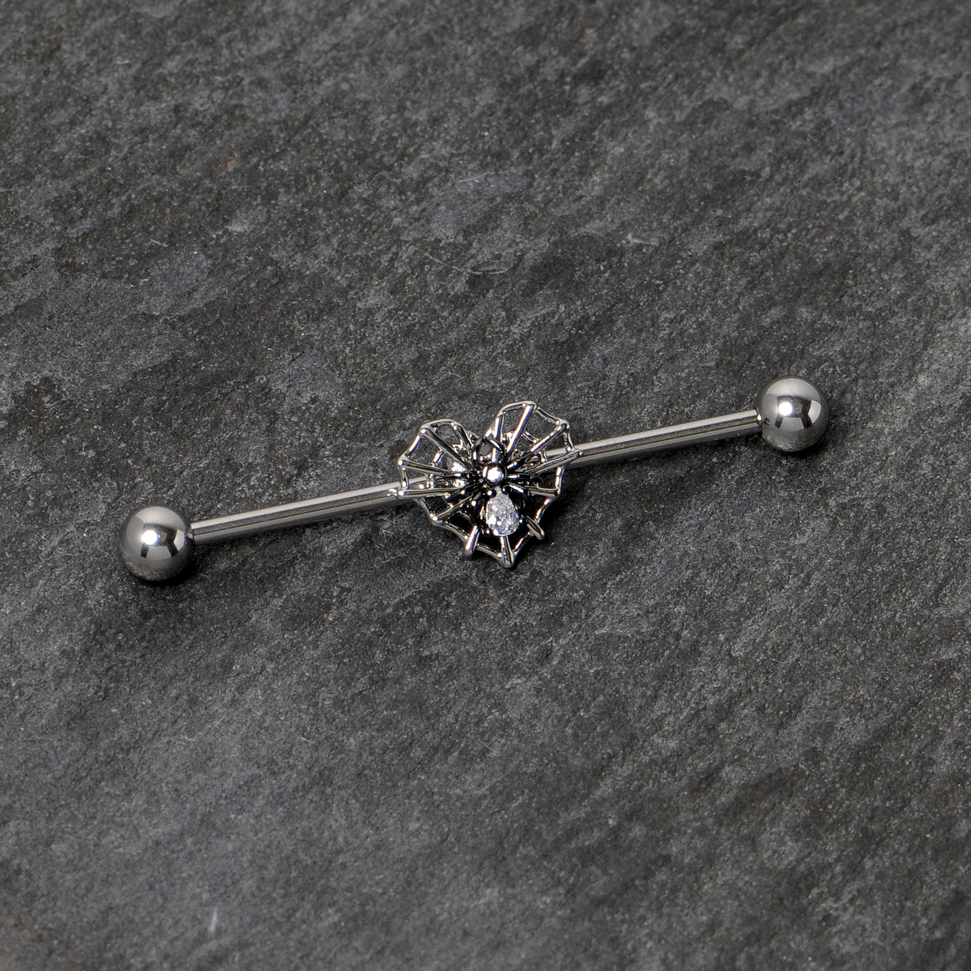 14 Gauge Clear CZ Gem Heart of Spider Industrial Barbell 38mm