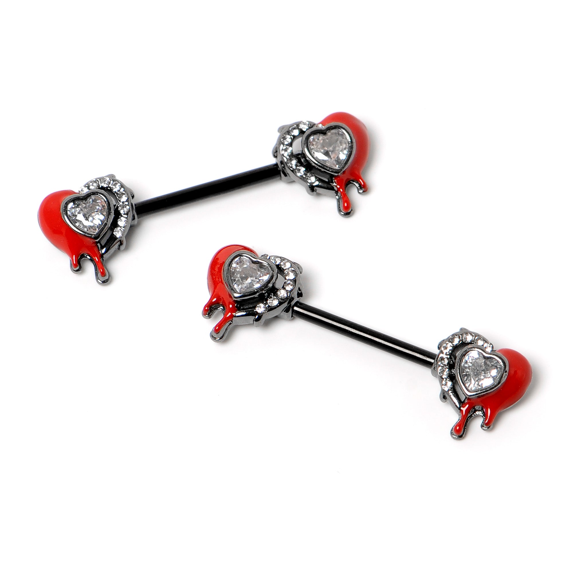 14 Gauge 9/16 Clear Gem Black Bleeding Heart Barbell Nipple Ring Set