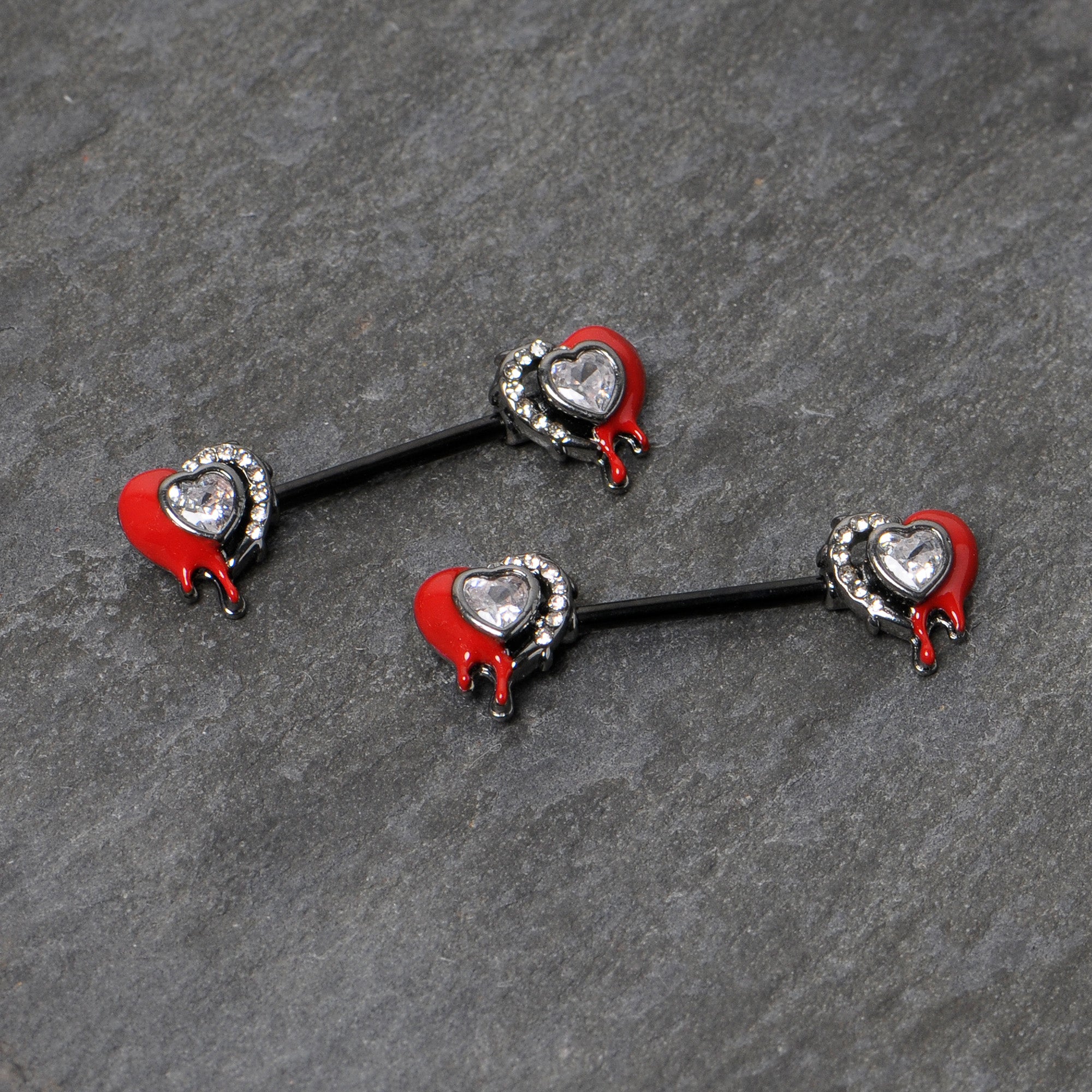 14 Gauge 9/16 Clear Gem Black Bleeding Heart Barbell Nipple Ring Set