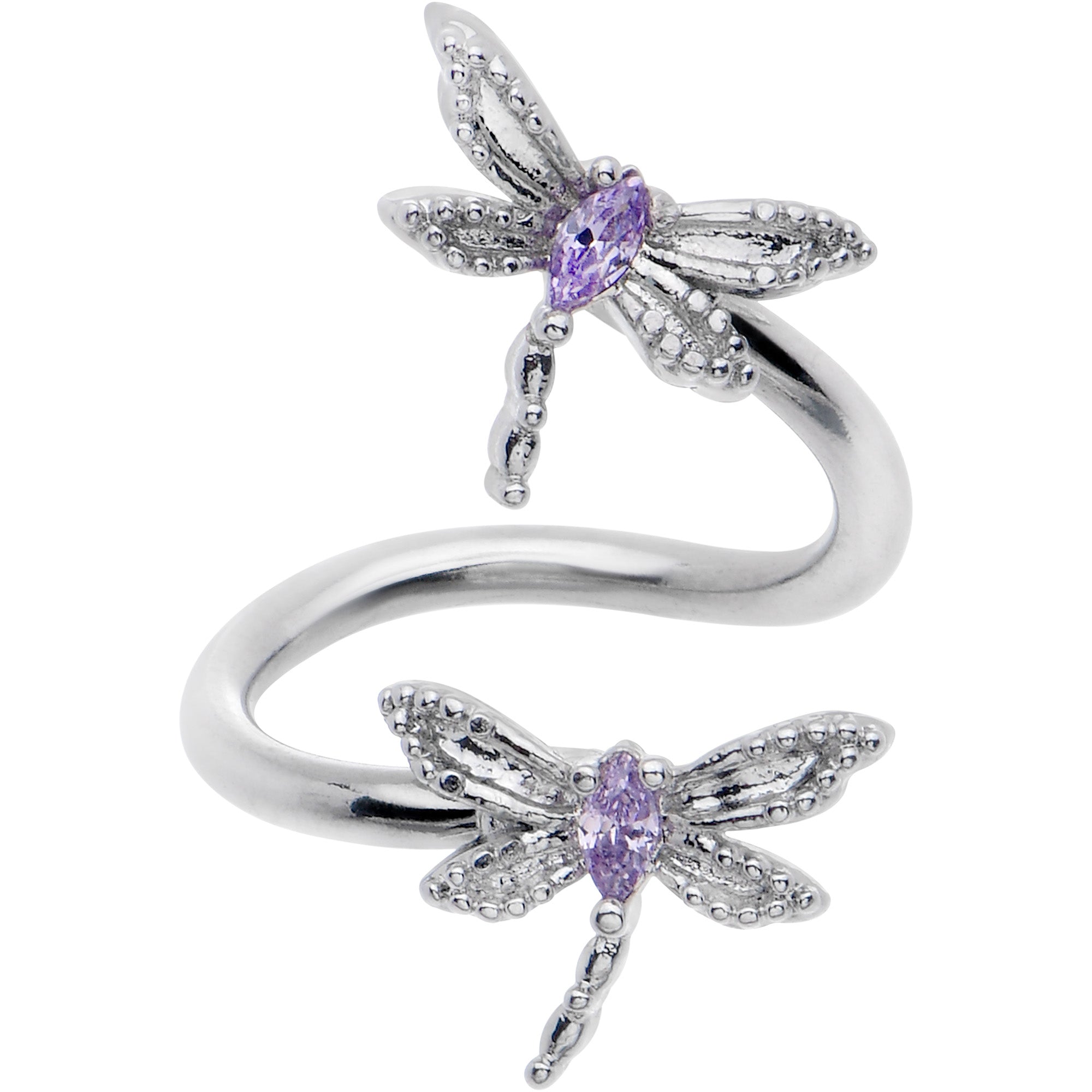 Purple CZ Gem Open Dragonfly Spiral Twister Belly Ring