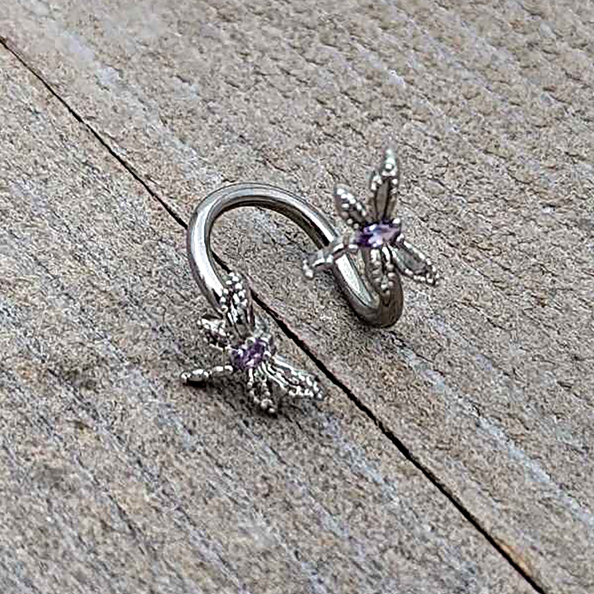 Purple CZ Gem Open Dragonfly Spiral Twister Belly Ring