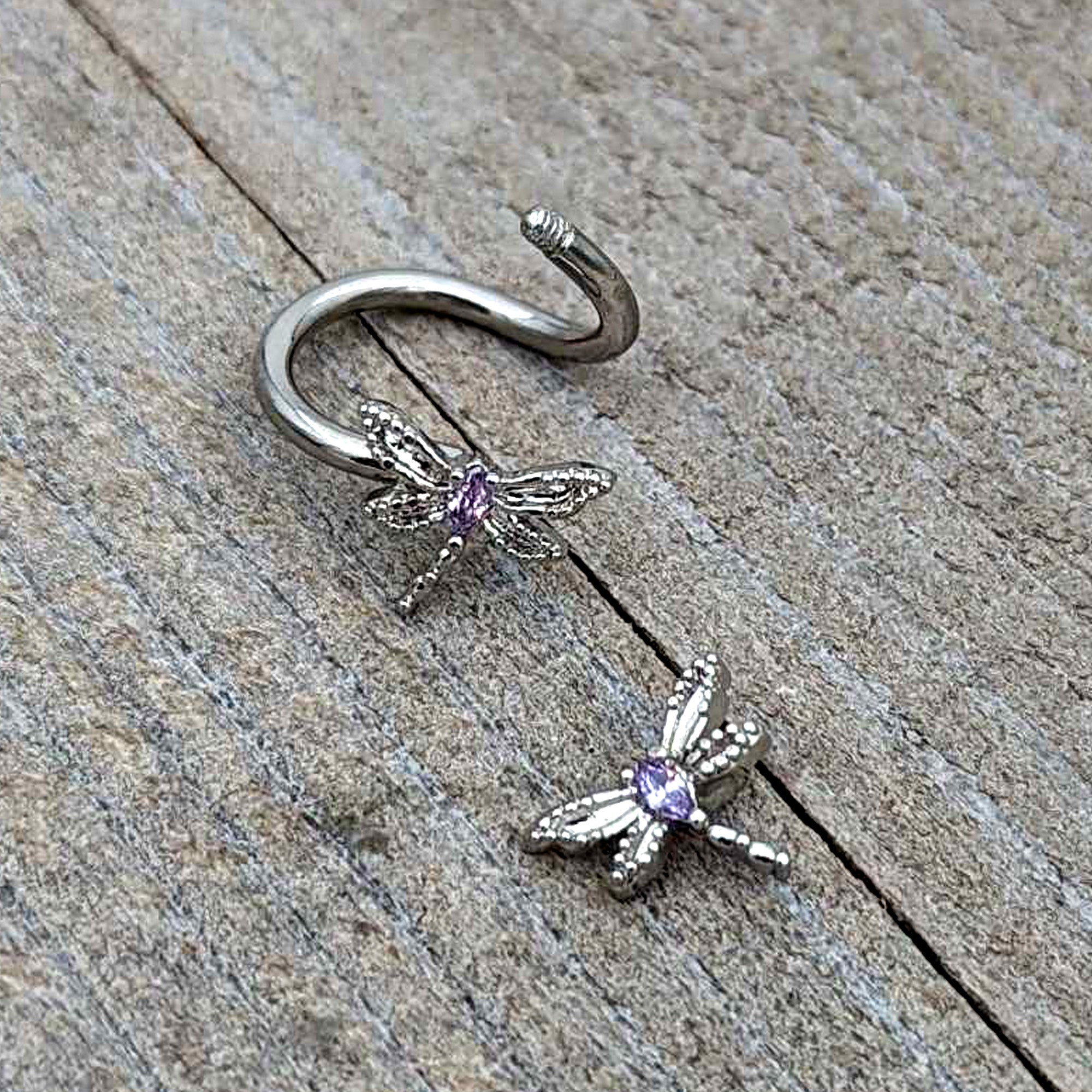 Purple CZ Gem Open Dragonfly Spiral Twister Belly Ring