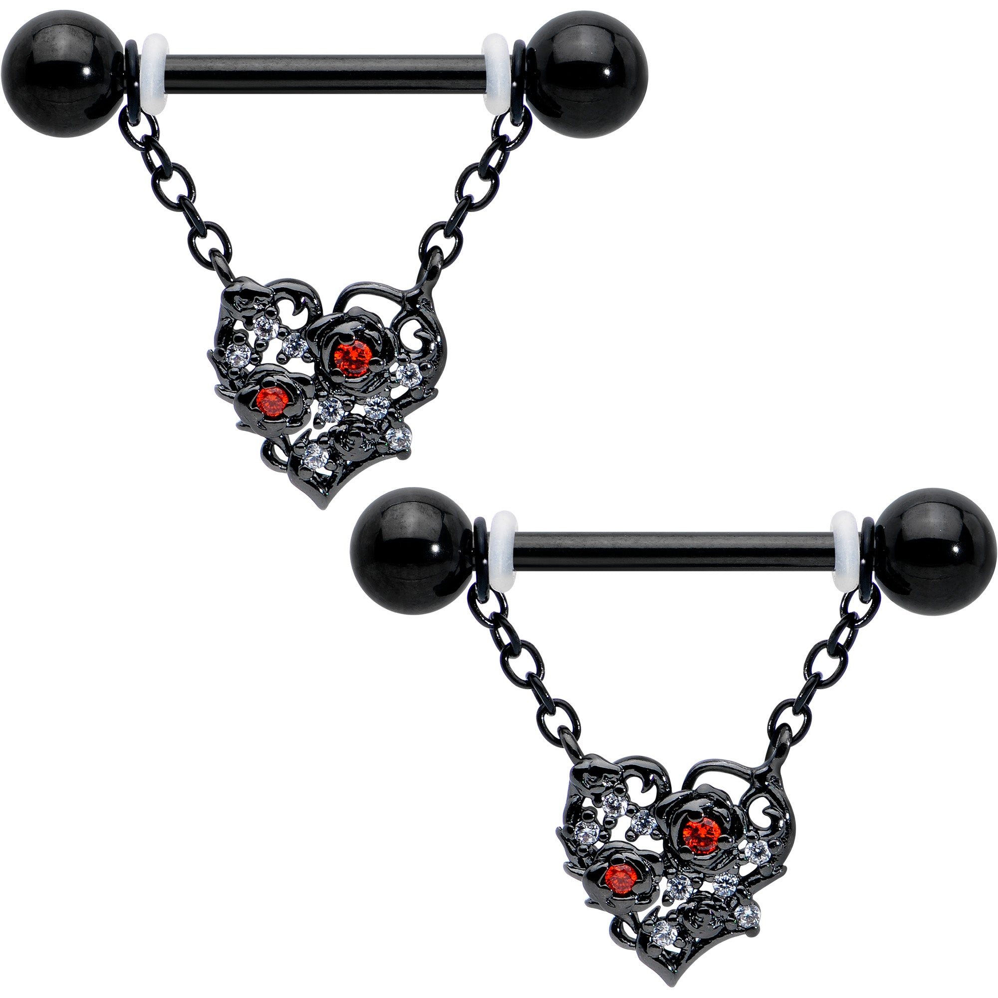 14 Gauge 9/16 Red CZ Gem Black Floral Heart Chain Dangle Nipple Ring Set