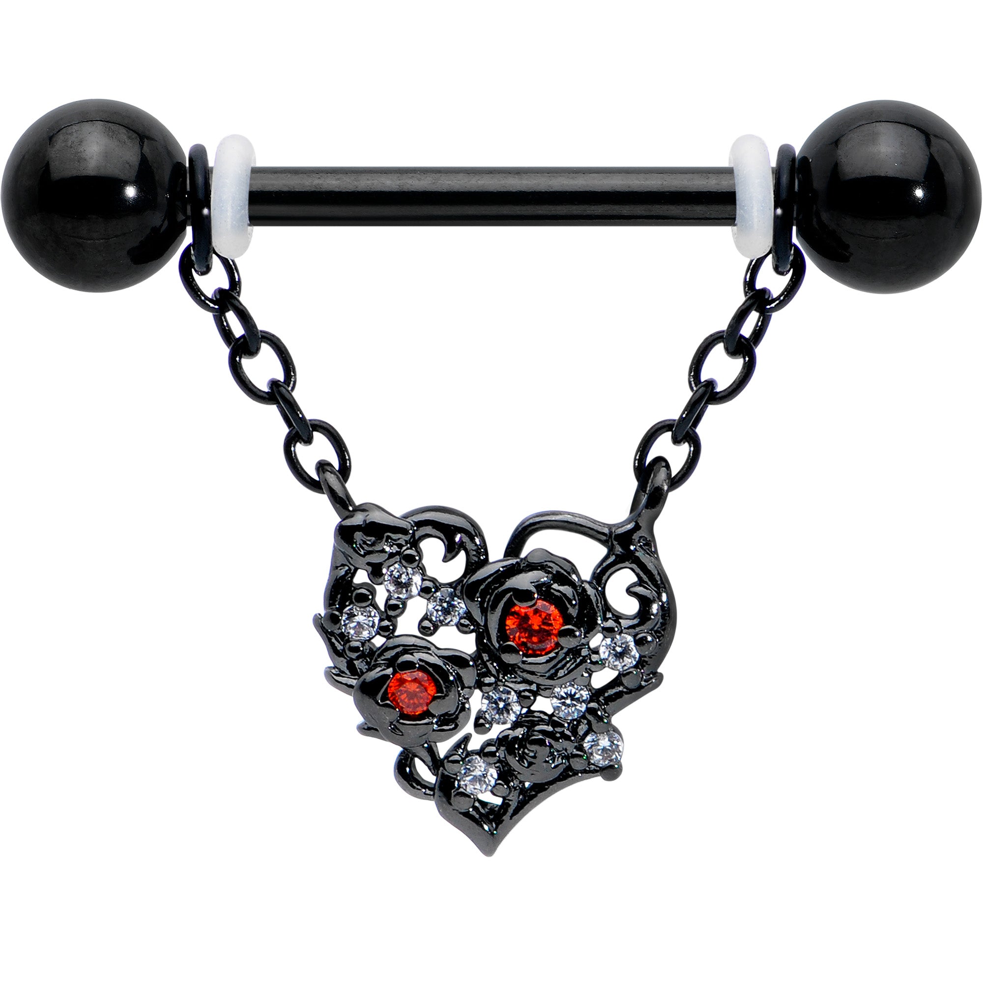 14 Gauge 9/16 Red CZ Gem Black Floral Heart Chain Dangle Nipple Ring Set