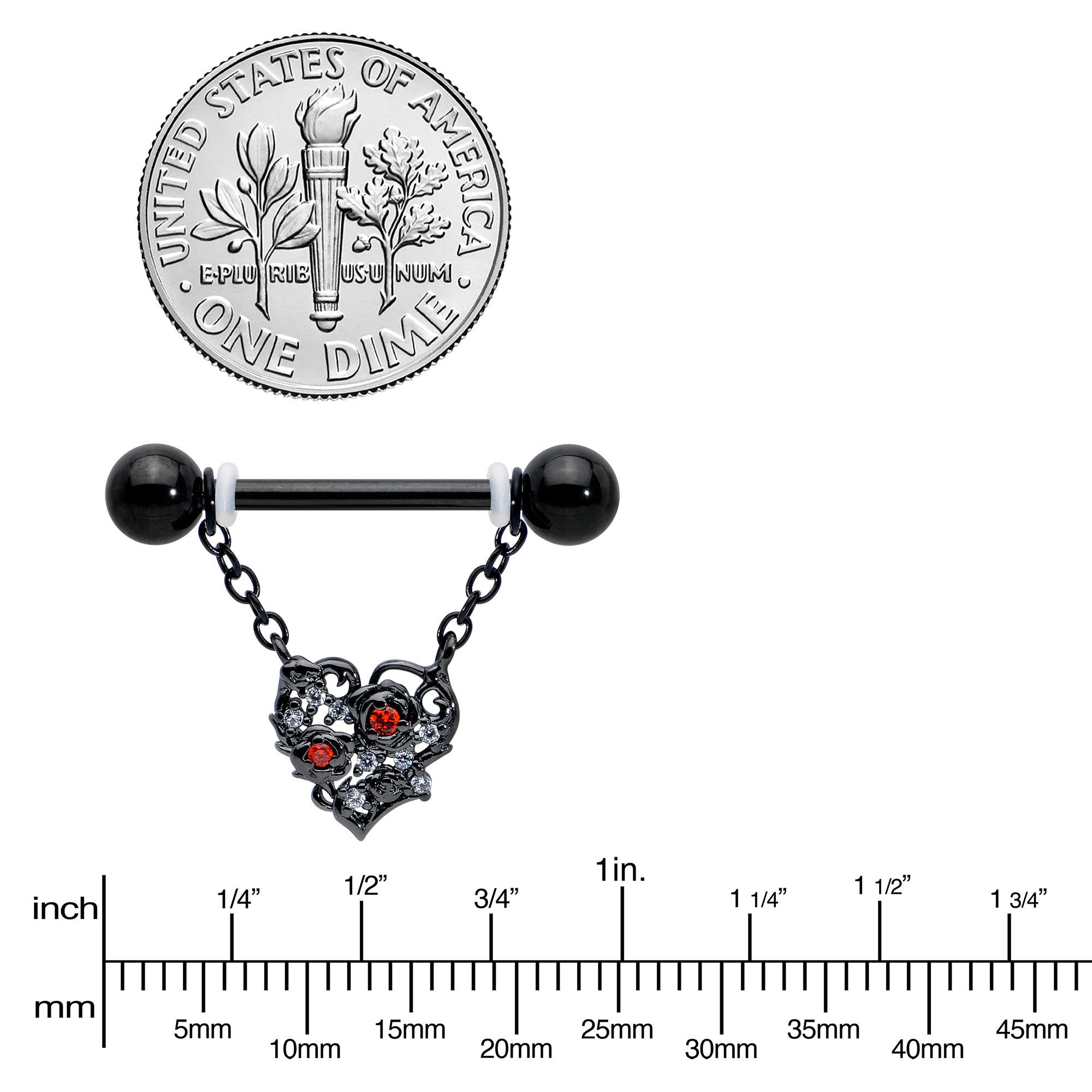 14 Gauge 9/16 Red CZ Gem Black Floral Heart Chain Dangle Nipple Ring Set