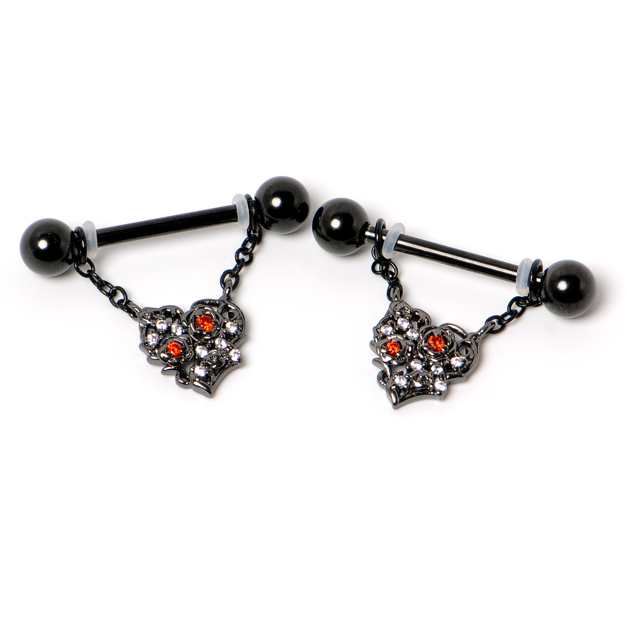 14 Gauge 9/16 Red CZ Gem Black Floral Heart Chain Dangle Nipple Ring Set